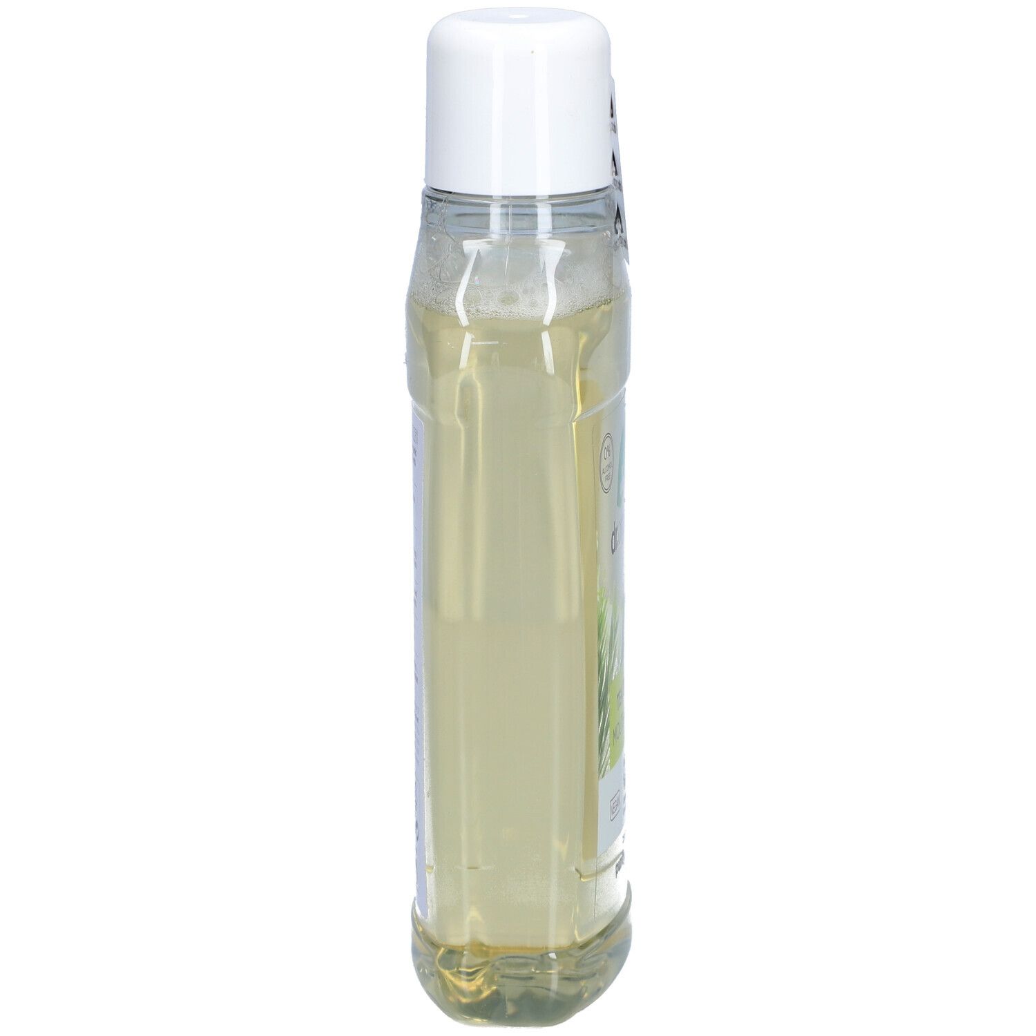 Schmale, transparente Flasche mit weißem Deckel. Seitenansicht. Flüssigkeit sichtbar.