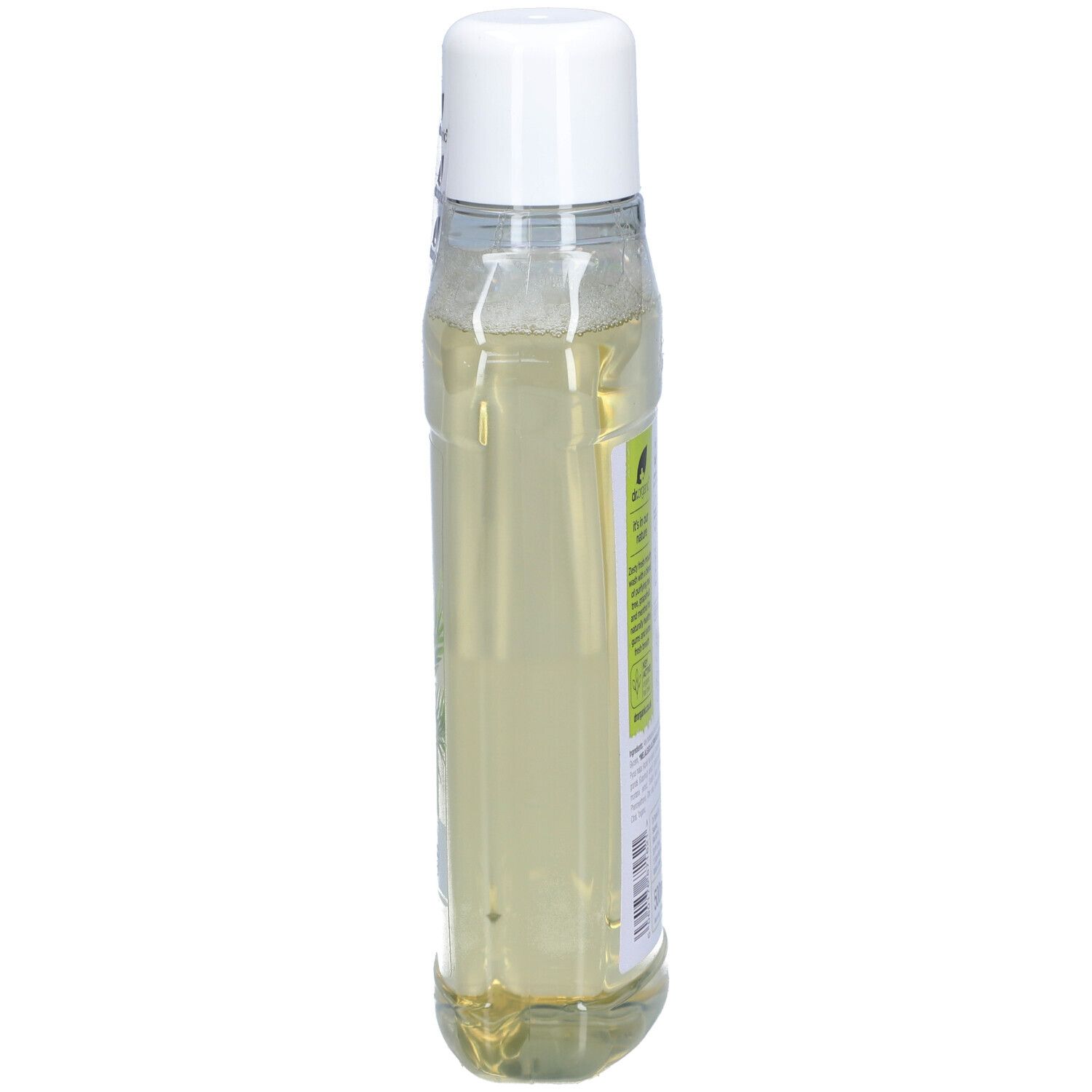 Schmale, transparente Flasche mit weißem Deckel. Seitenansicht. Flüssigkeit sichtbar.