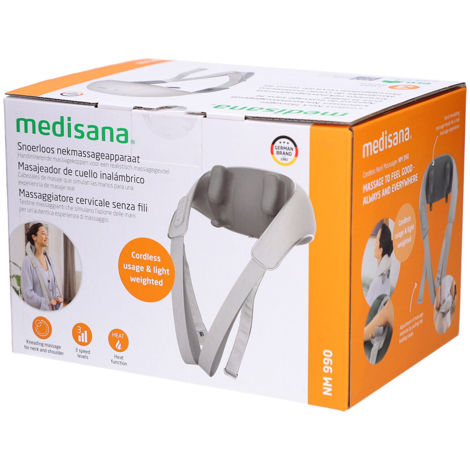 Produktverpackung. Weiß-graues Nackenmassagegerät. Text: medisana, NM 990. Cordless usage & light weighted. German Brand.
