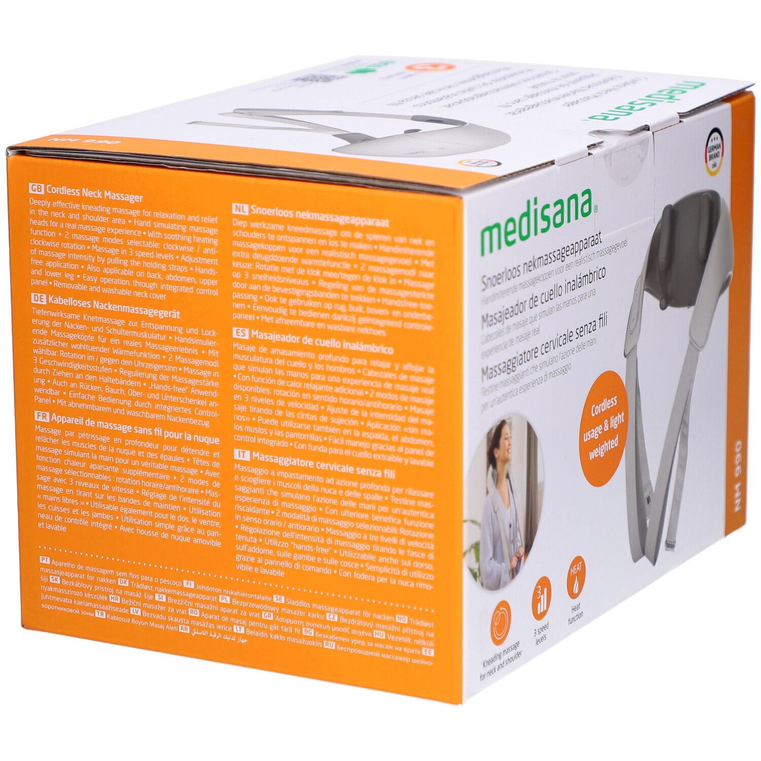 Produktverpackung. Rückseite mit Text in mehreren Sprachen. Weiß-graues Nackenmassagegerät. Text: medisana, NM 990. Cordless usage & light weighted.