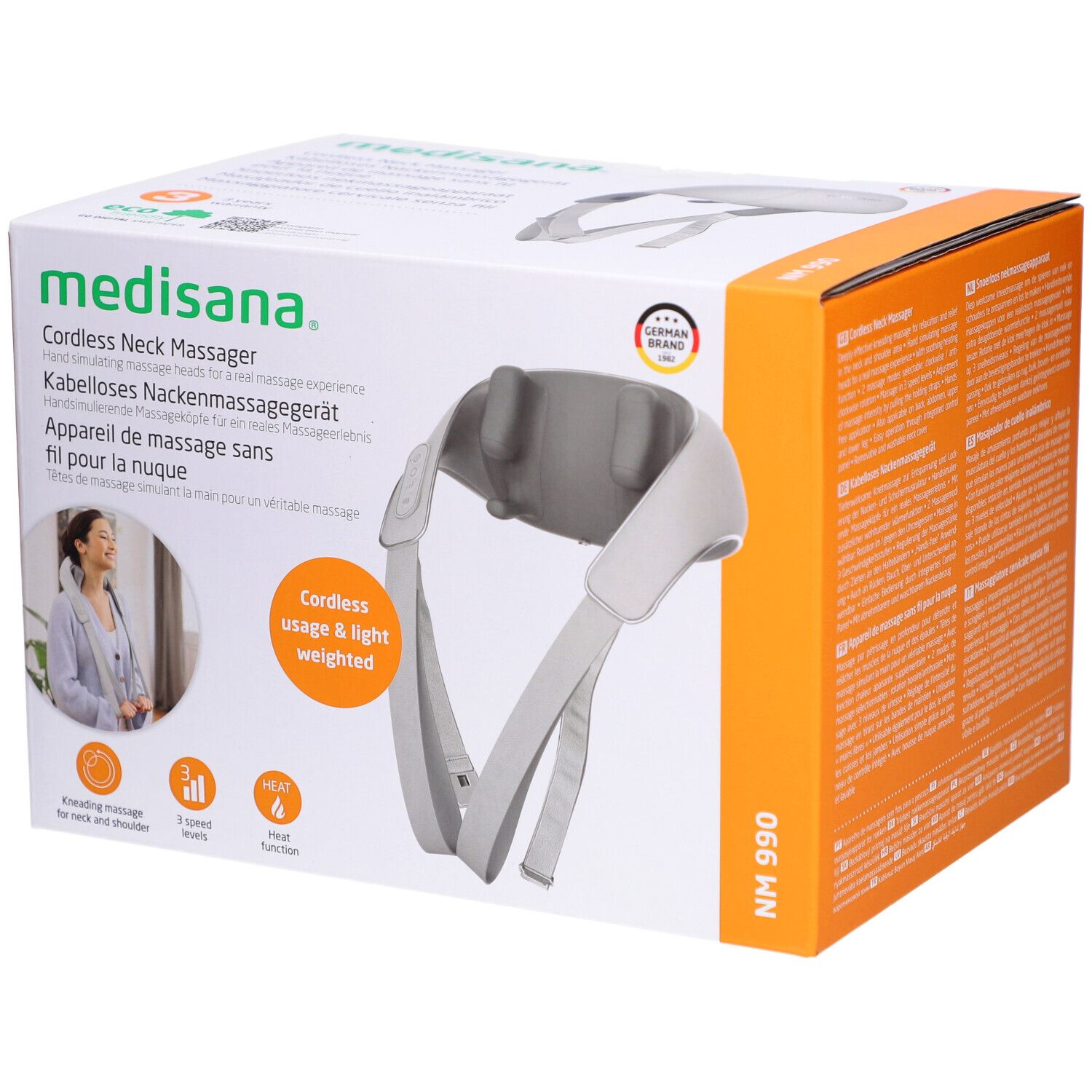 Produktverpackung. Weiß-graues Nackenmassagegerät. Text: medisana, NM 990. Cordless usage & light weighted. German Brand.