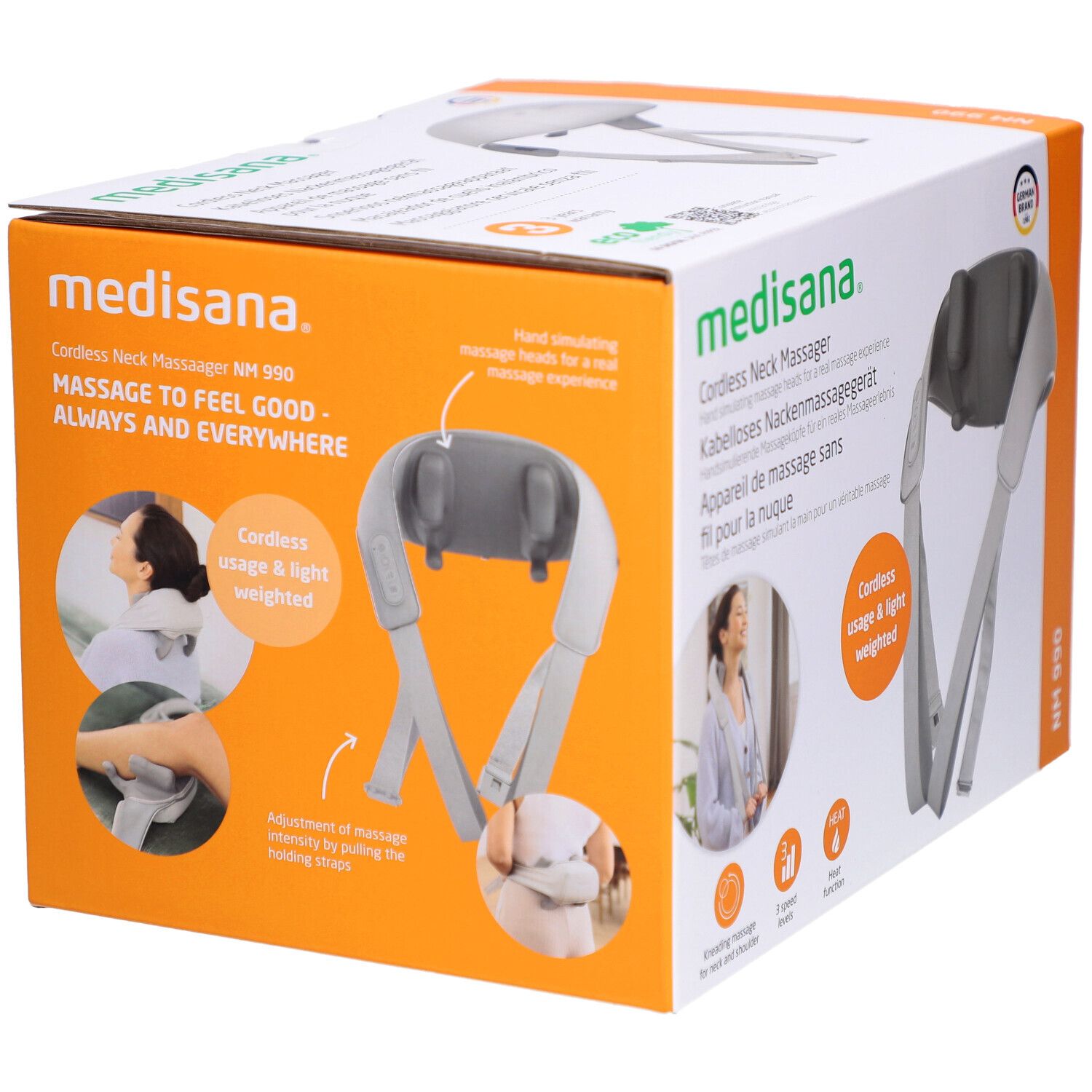 Produktverpackung. Weiß-graues Nackenmassagegerät. Text: medisana, NM 990. Cordless usage & light weighted. German Brand.