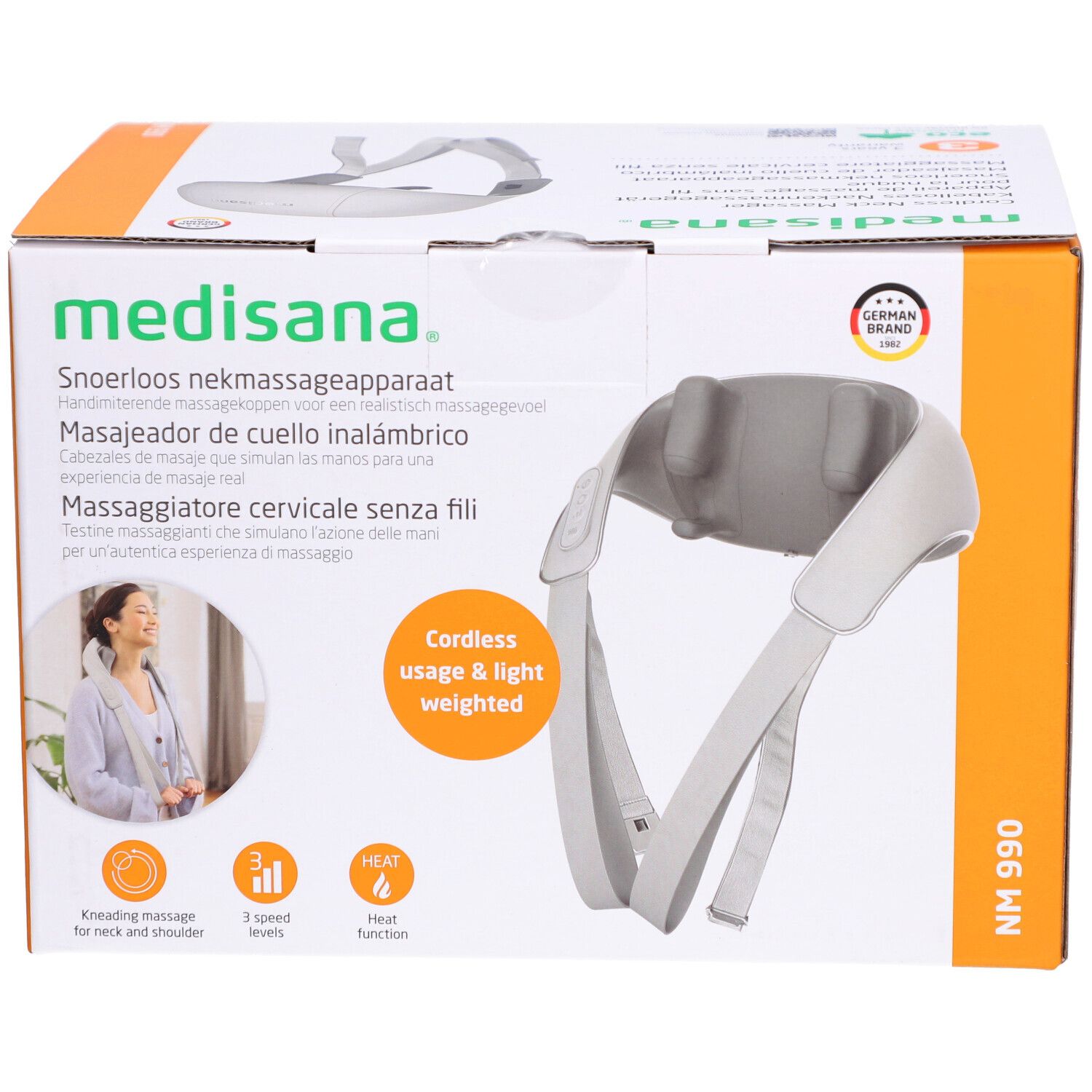 Produktverpackung. Weiß-graues Nackenmassagegerät. Text: medisana, NM 990. Cordless usage & light weighted. German Brand.