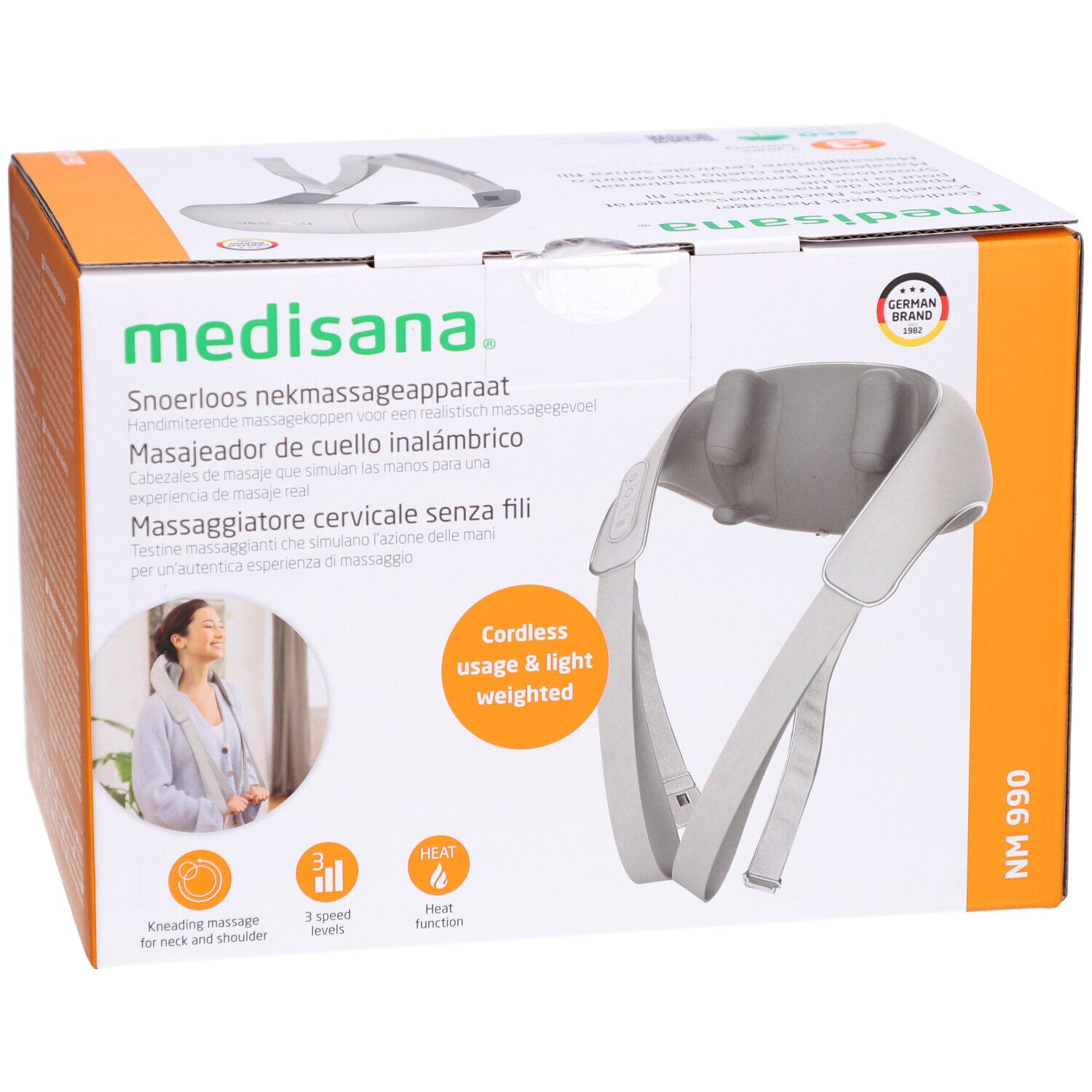 Produktverpackung. Weiß-graues Nackenmassagegerät. Text: medisana, NM 990. Cordless usage & light weighted. German Brand.
