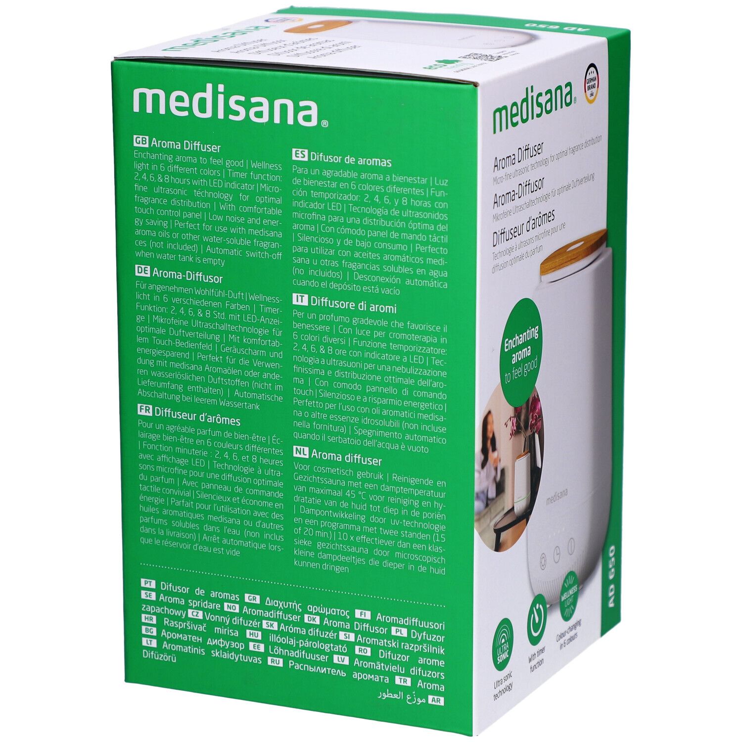 Rückseite der Verpackung. Text in mehreren Sprachen. Produkt: Aroma-Diffusor. Marke: medisana. Grüne Verpackung.