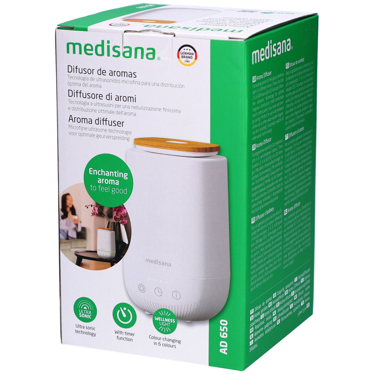 Aroma-Diffusor in Verpackung. Weiß, Holzdeckel, grüne Verpackung. Marke: medisana. Produktname: AD 650.