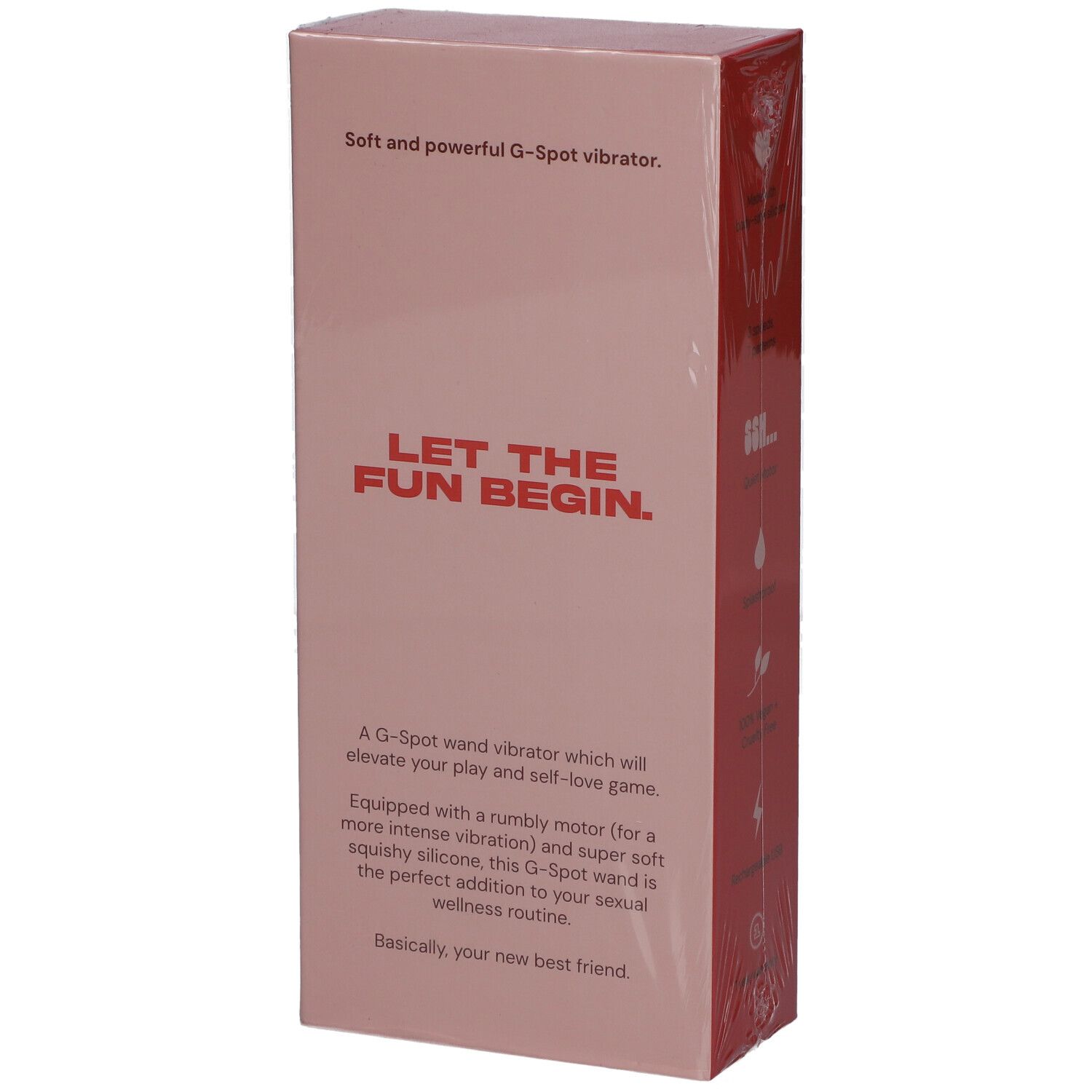 Rosa Verpackung mit Text "LET THE FUN BEGIN". Beschreibt einen G-Punkt-Vibrator.