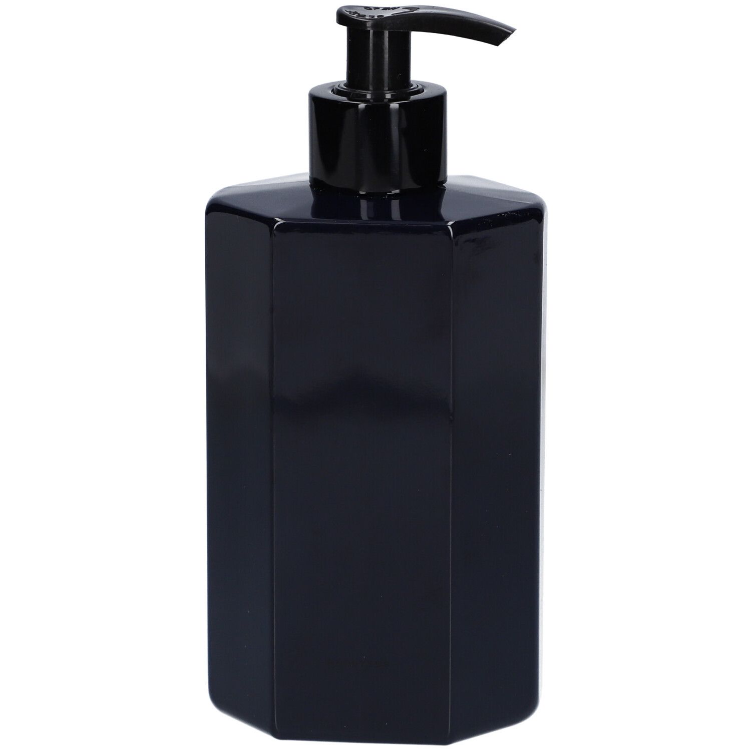Dunkelblaue Seifenflasche mit schwarzem Spender. Geometrische Form.