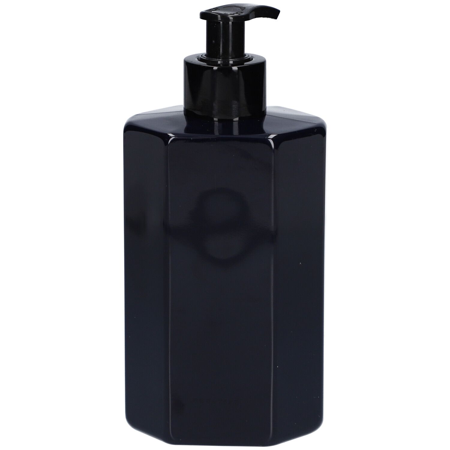 Dunkelblaue Flasche mit schwarzem Pumpverschluss. Geometrische Form.