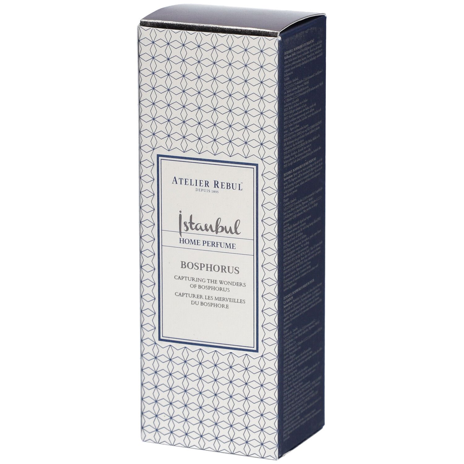 Atelier Rebul Istanbul Bosphorus Home Parfum. Rechteckige Verpackung mit Muster. Text: Istanbul, Bosphorus.
