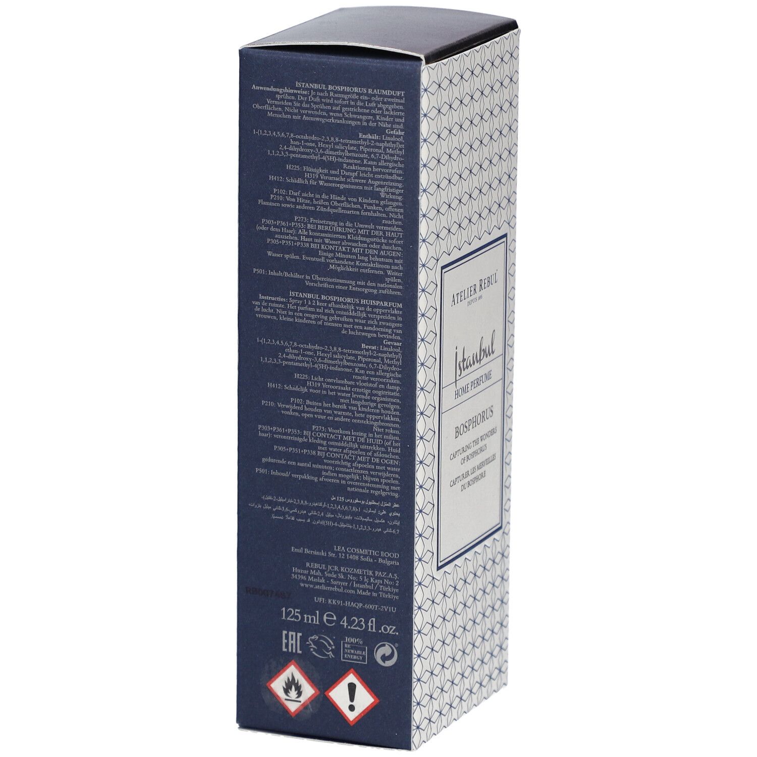 Rückseite der Atelier Rebul Istanbul Bosphorus Home Parfum Verpackung. Text und Warnhinweise.
