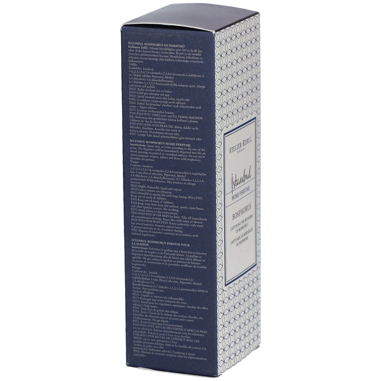 Rückseite der Atelier Rebul Istanbul Bosphorus Home Parfum Verpackung. Text.