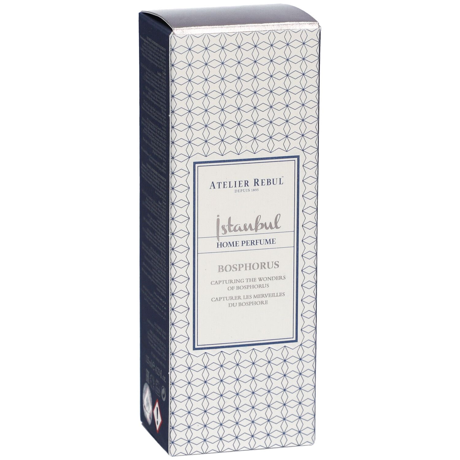 Atelier Rebul Istanbul Bosphorus Home Parfum Verpackung. Rechteckig, Muster. Text: Istanbul, Bosphorus.
