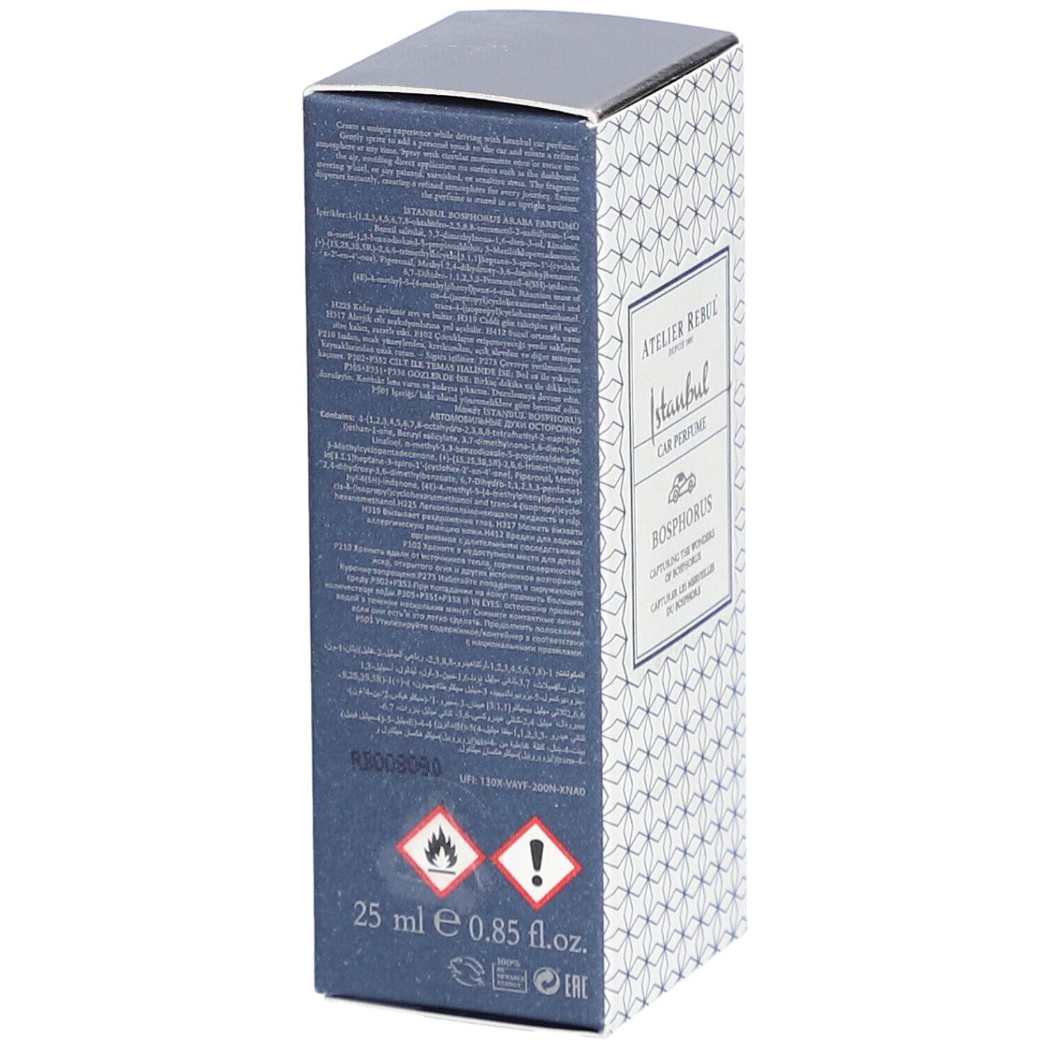 Atelier Rebul Istanbul Bosphorus Parfum Voiture. Rückseite der Schachtel mit Text und Warnsymbolen. Blaue Farbe.