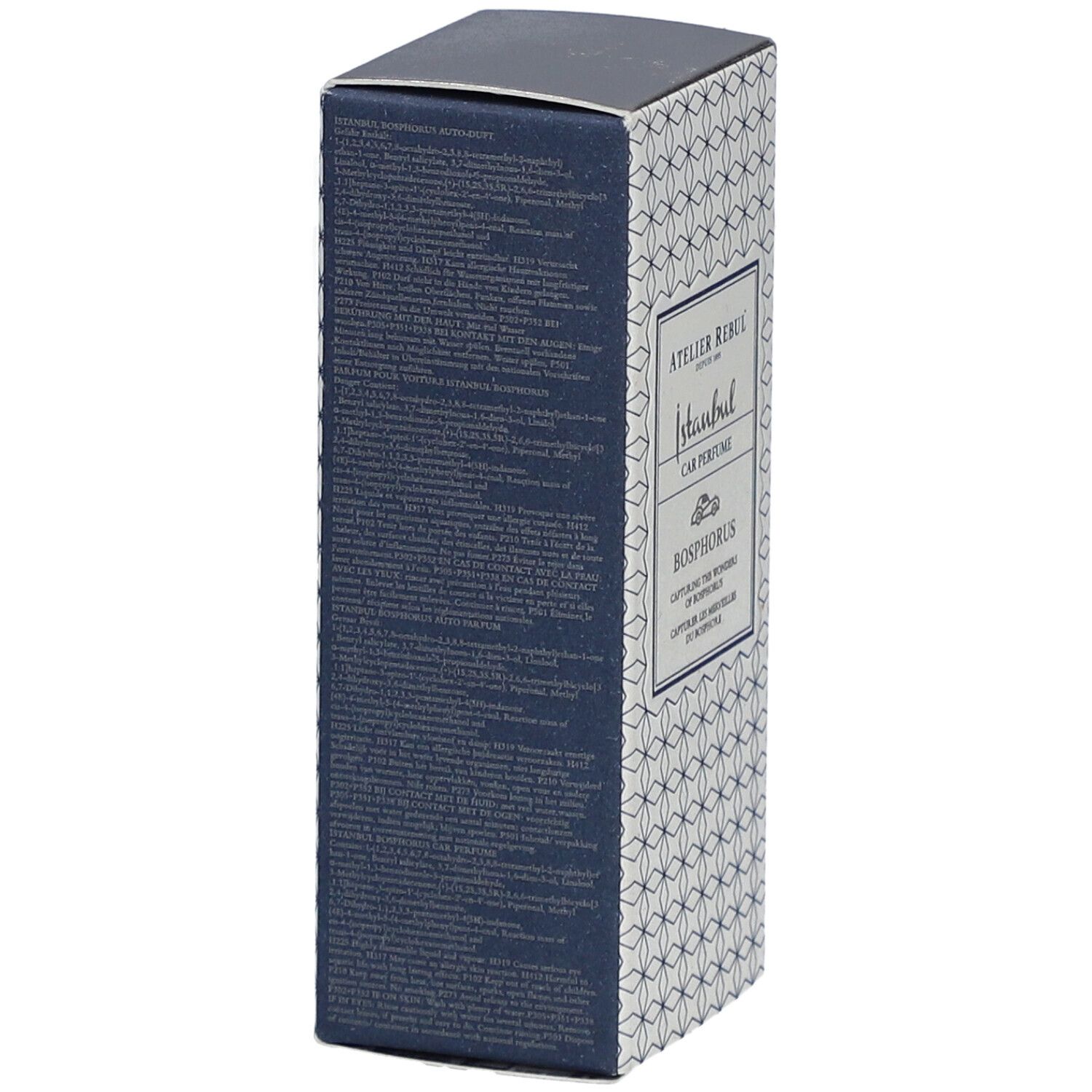Atelier Rebul Istanbul Bosphorus Parfum Voiture. Seite der Schachtel mit Text. Blaue Farbe und weißes Muster.