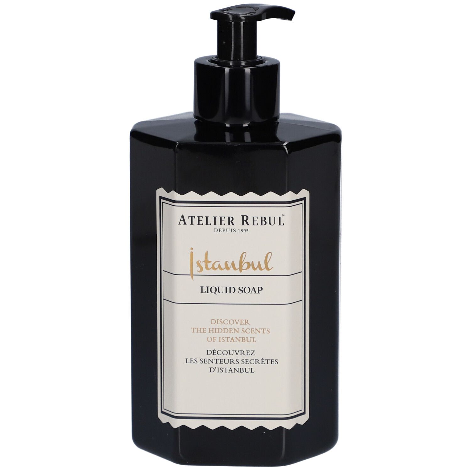 Schwarze, achteckige Flüssigseifenflasche mit Dosierpumpe. Etikett mit "Atelier Rebul Istanbul Liquid Soap".