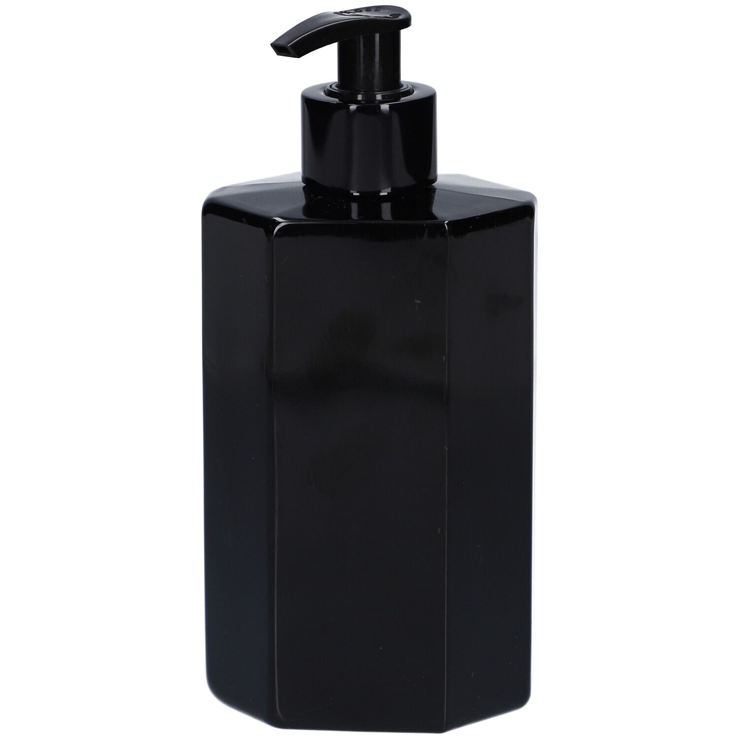 Schwarze, achteckige Flasche mit Dosierpumpe. Keine weiteren Details sichtbar.