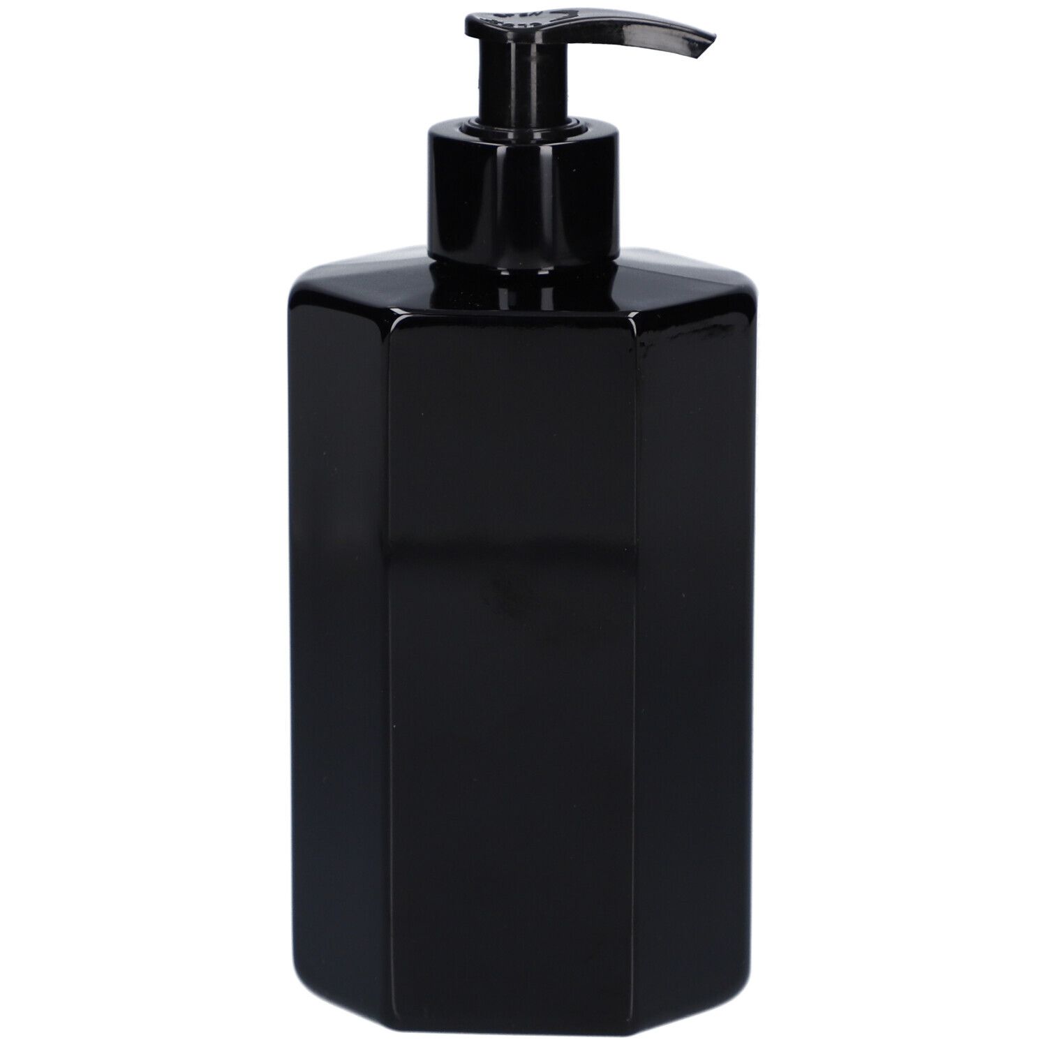 Schwarze, achteckige Flasche mit Dosierpumpe. Keine weiteren Details sichtbar.