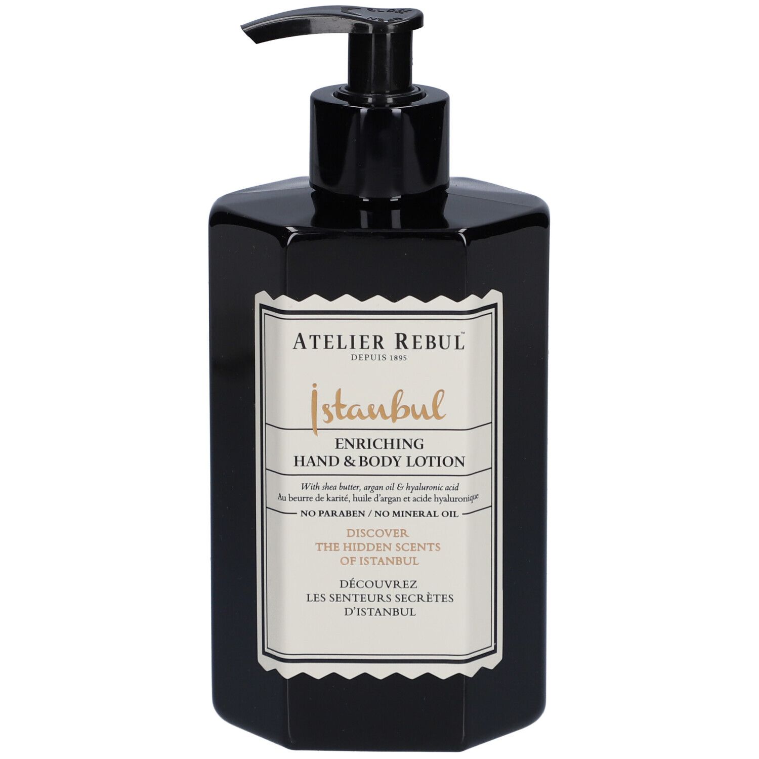 Schwarze Flasche mit Dosierpumpe. Aufschrift: ATELIER REBUL Istanbul, Hand & Body Lotion. Mit Inhaltsangaben.