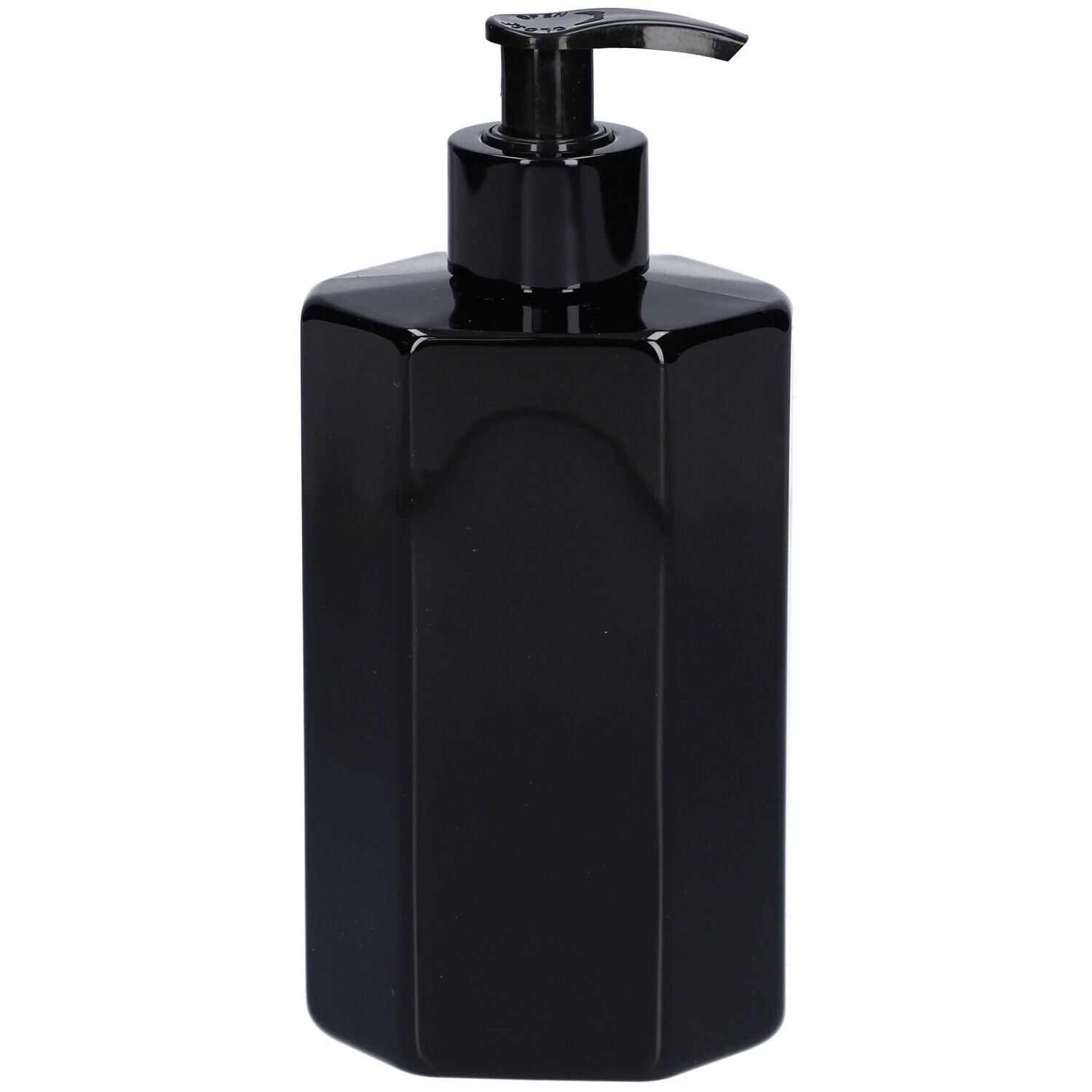 Schwarze, achteckige Flasche mit Dosierpumpe. Keine Beschriftung sichtbar.