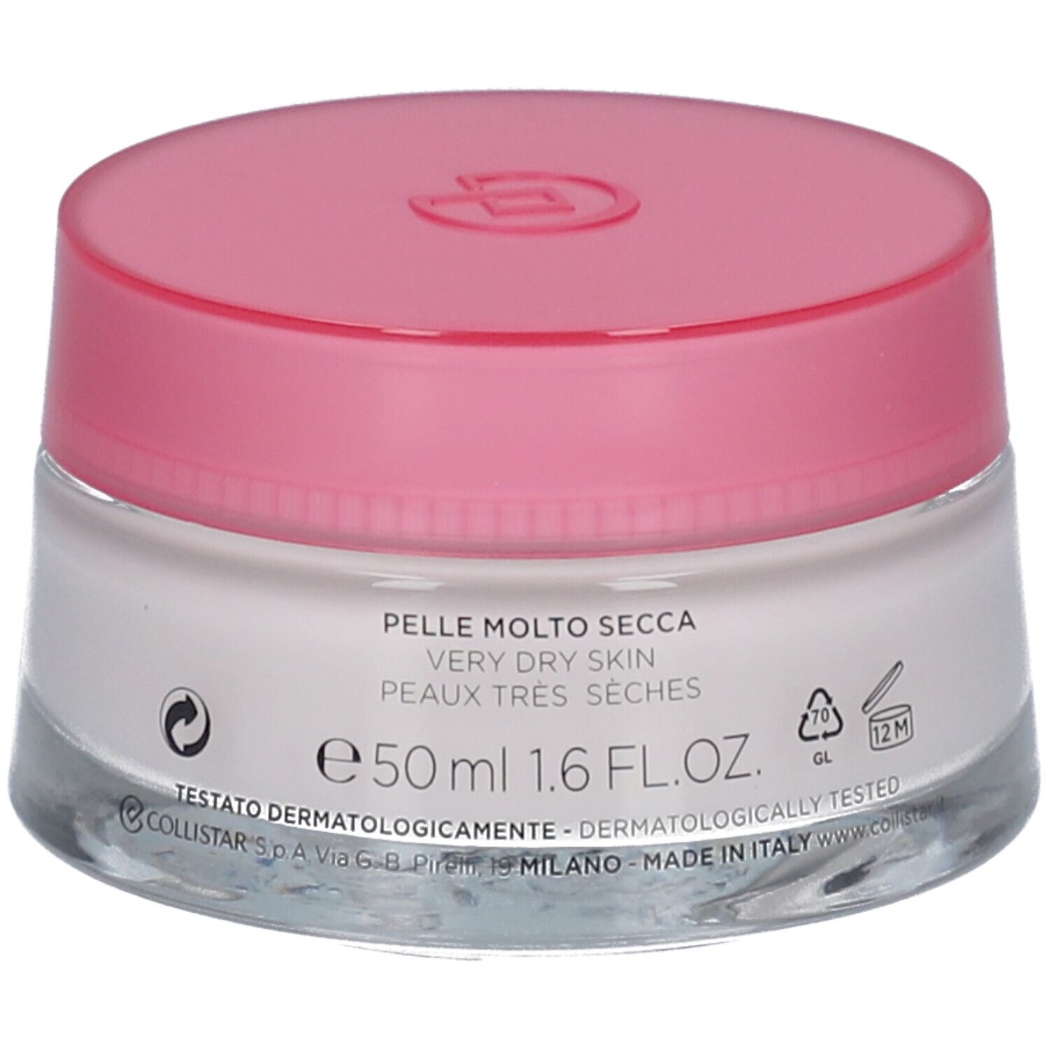 Cremebehälter mit rosa Deckel. Aufschrift: Collistar, Idroattiva+, Balsamo Nutrimento Intenso. Für sehr trockene Haut.