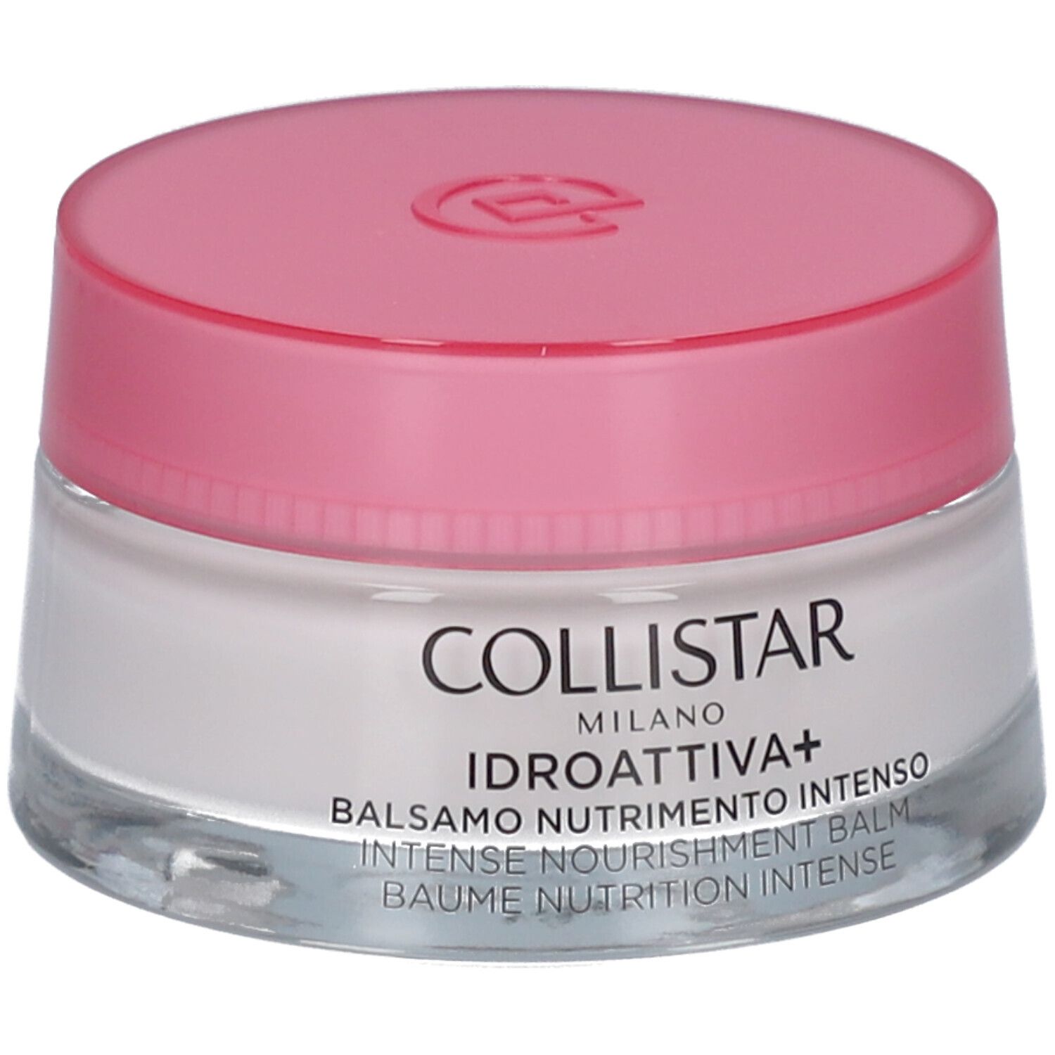 Cremebehälter mit rosa Deckel. Aufschrift: Collistar, Idroattiva+, Balsamo Nutrimento Intenso.