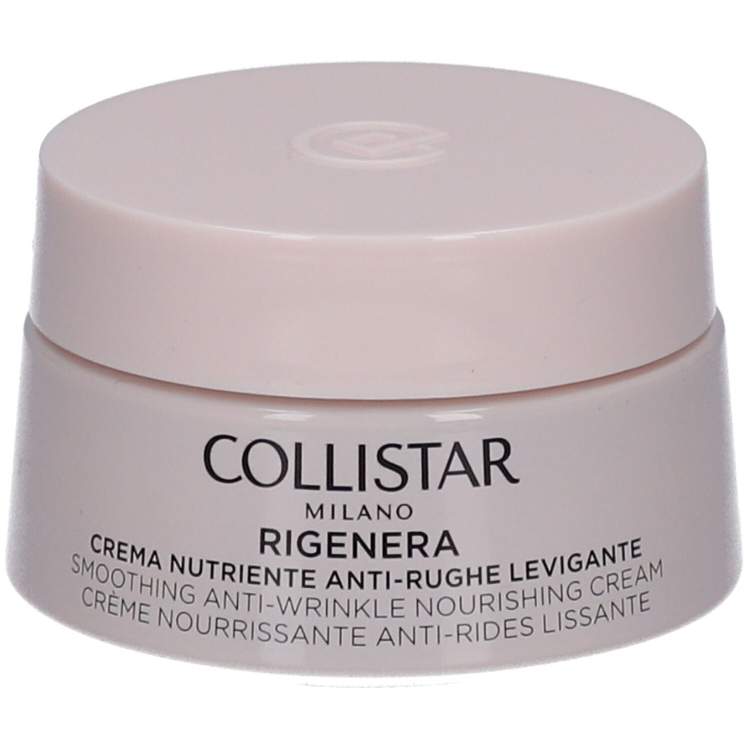 Creme-Tiegel mit Deckel. Aufschrift: Collistar Milano, Rigenera, Creme. Rosa-farbener Tiegel.