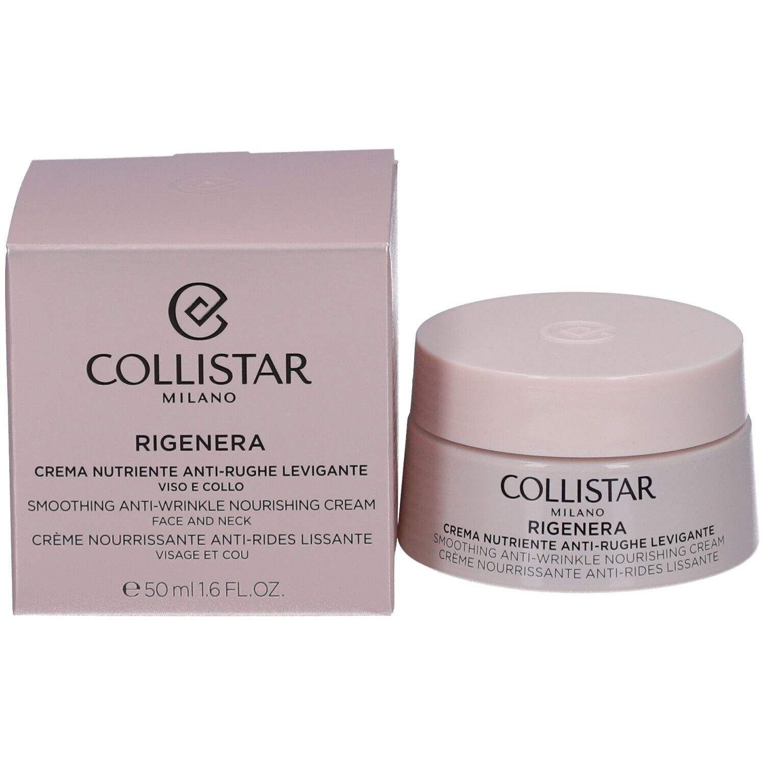 Creme-Tiegel und Schachtel. Aufschrift: Collistar Milano, Rigenera, Creme. Rosa Verpackung.