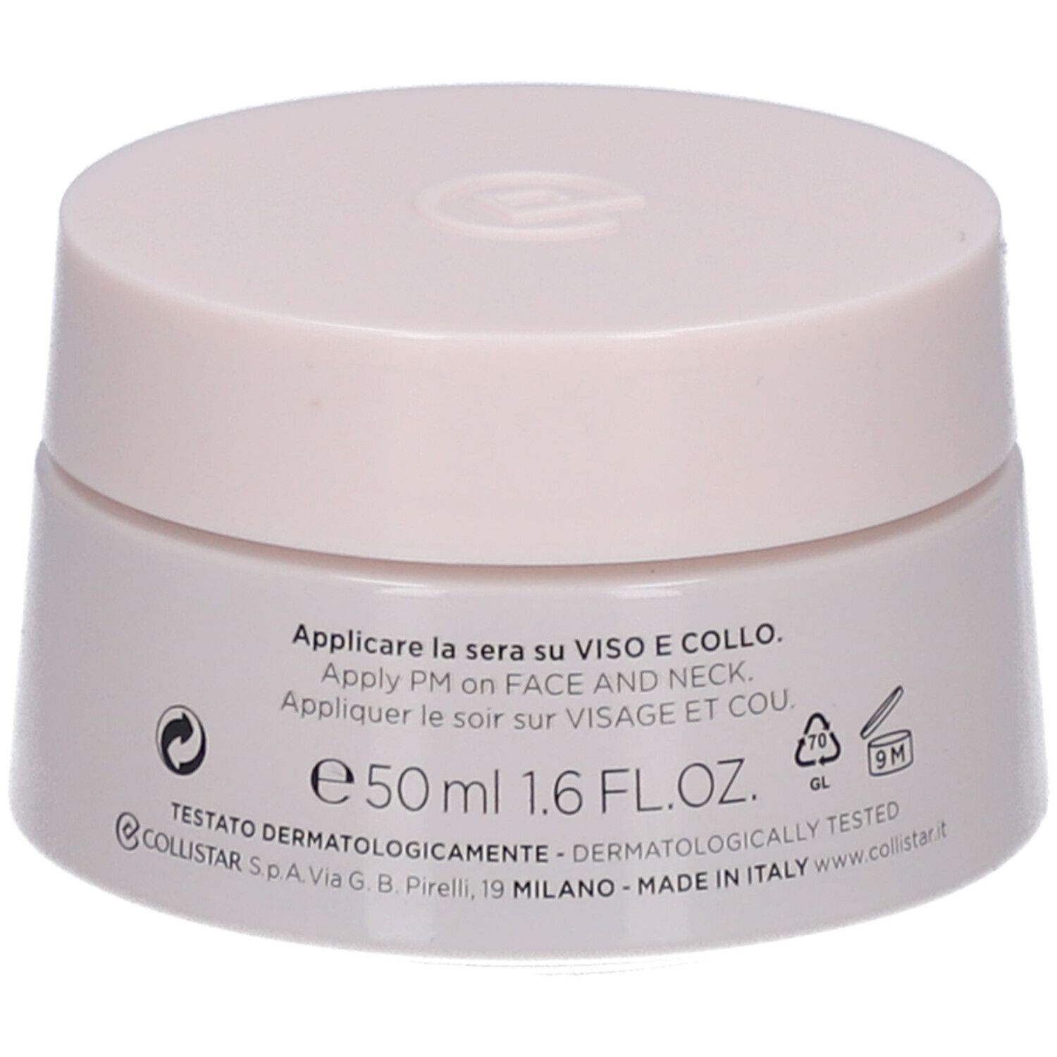 Rückseite des Tiegels mit Collistar Anti-Falten Nachtcreme, Angabe von 50ml und dermatologischer Prüfung.
