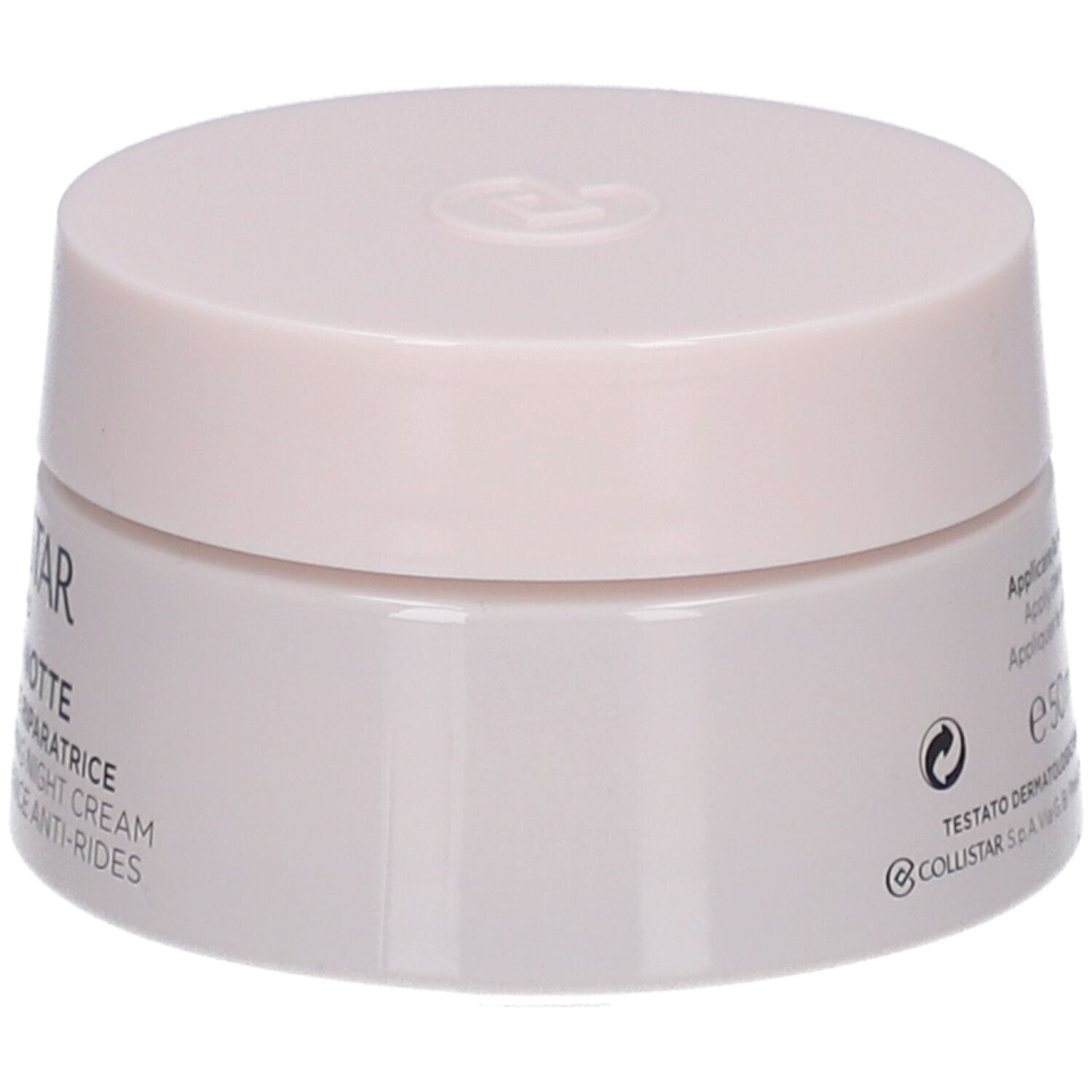 Seitenansicht des rosa Tiegels mit Collistar Anti-Falten Nachtcreme, mit Fokus auf den Deckel.