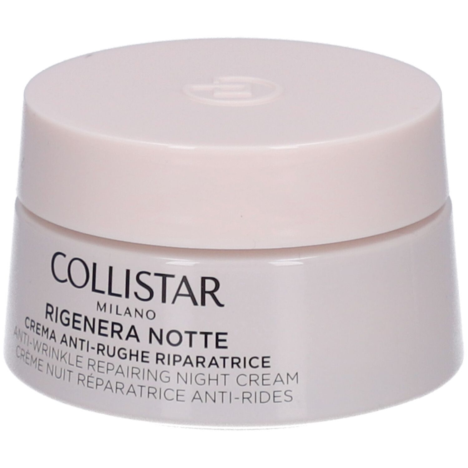 Collistar Anti-Falten Nachtcreme in einem rosa Tiegel mit Deckel, Vorderansicht.