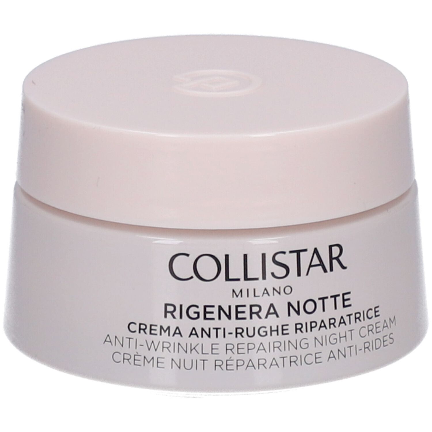 Collistar Anti-Falten Nachtcreme in einem rosa Tiegel mit Deckel, leichte Seitenansicht.