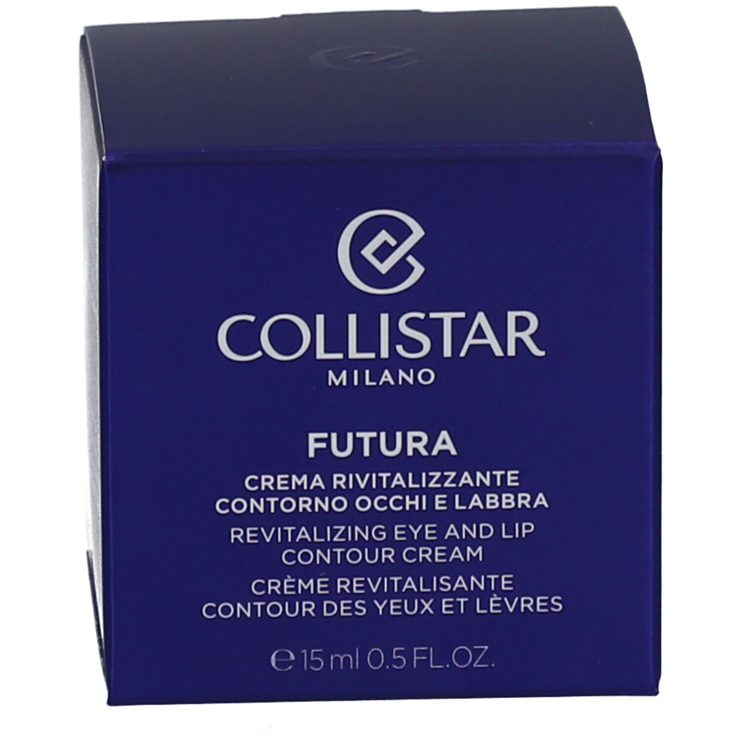 Blaue Schachtel. Aufschrift: Collistar Milano, Futura, Revitalizing Eye and Lip Contour Cream. 15ml 0.5 FL.OZ.