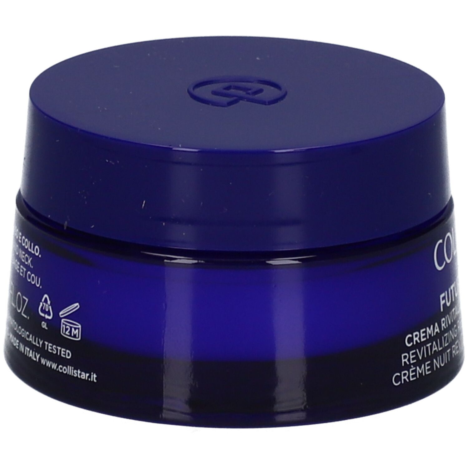 Rückseite eines blauen Tiegels Collistar Revitalizing Repair Night Cream mit Anwendungshinweisen.