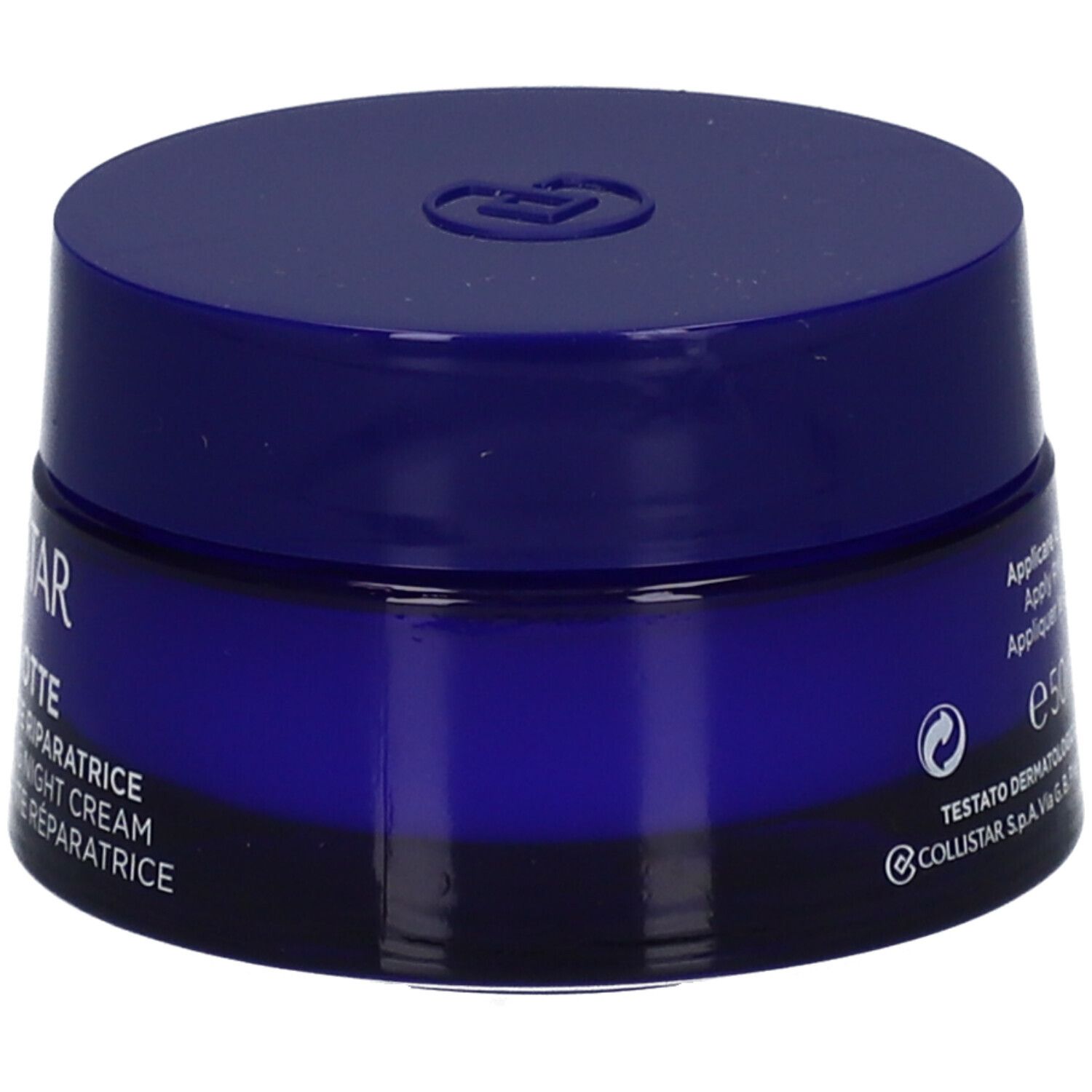Seitenansicht eines blauen Tiegels Collistar Revitalizing Repair Night Cream.
