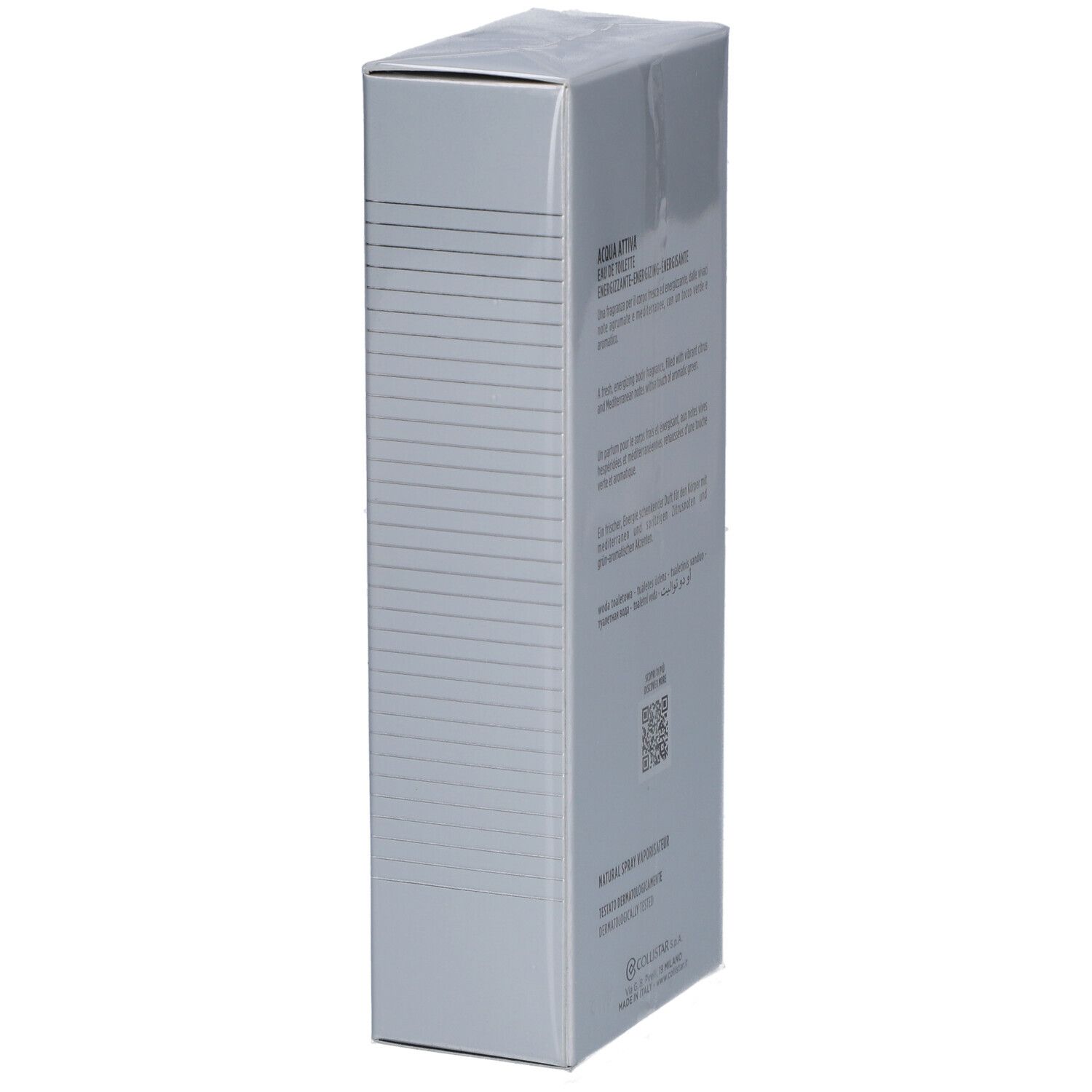 Seite der silbernen Verpackung. Text: ACQUA ATTIVA, Eau de Toilette. QR-Code.