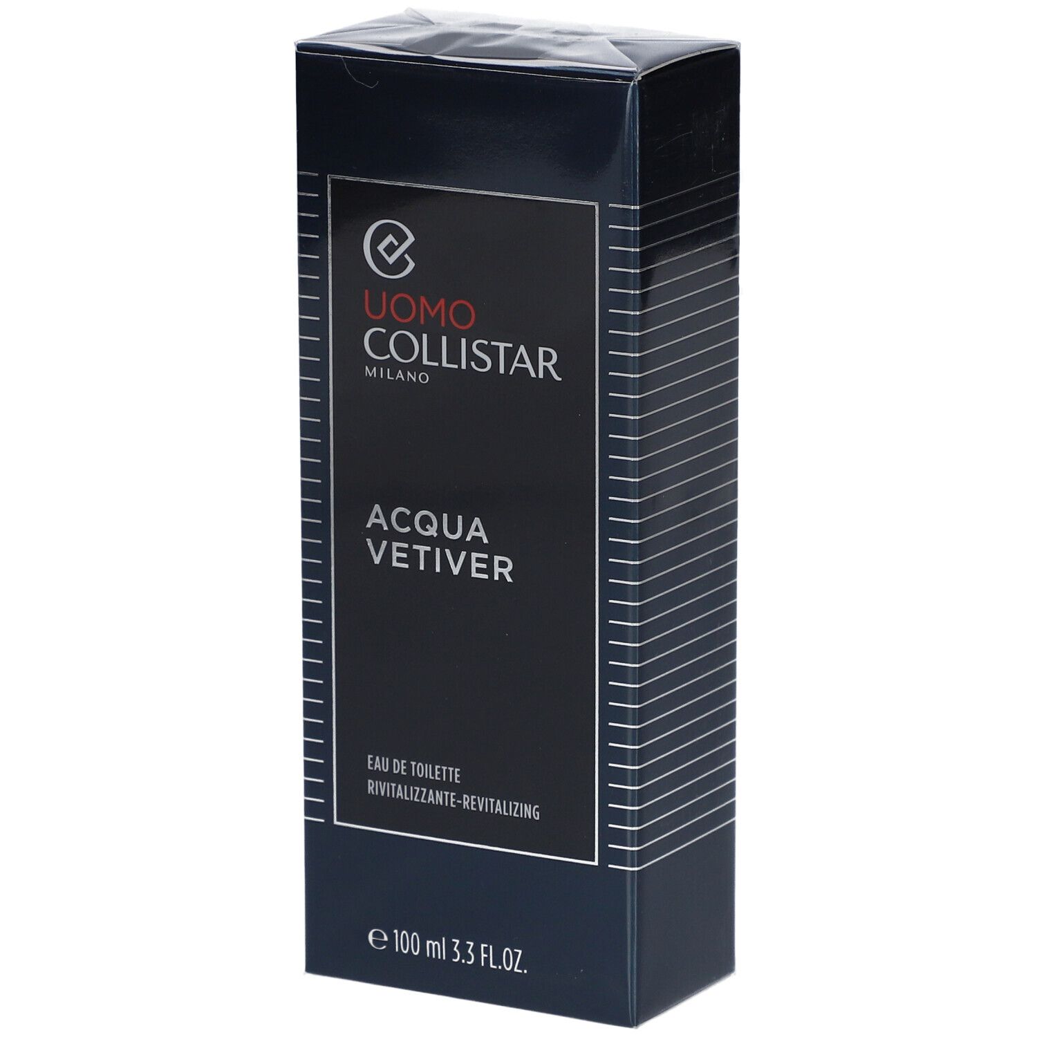 Dunkelblaue rechteckige Schachtel. Aufschrift: Uomo Collistar, Acqua Vetiver, Eau de Toilette. Unten: 100 ml 3.3 FL.OZ.