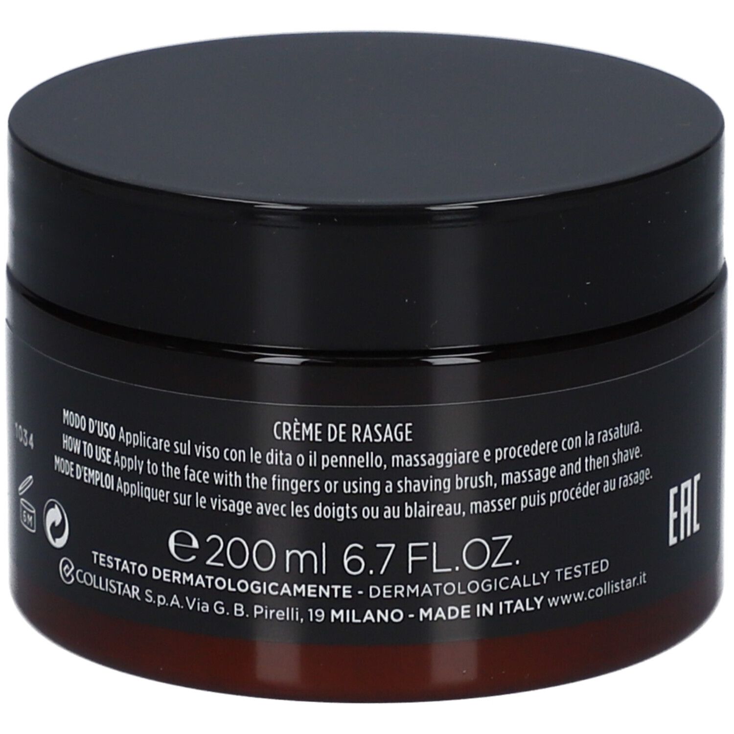 Dunkelbrauner Tiegel mit schwarzem Deckel. Aufschrift: Crème de Rasage, 200 ml, 6.7 FL.OZ., dermatologisch getestet.