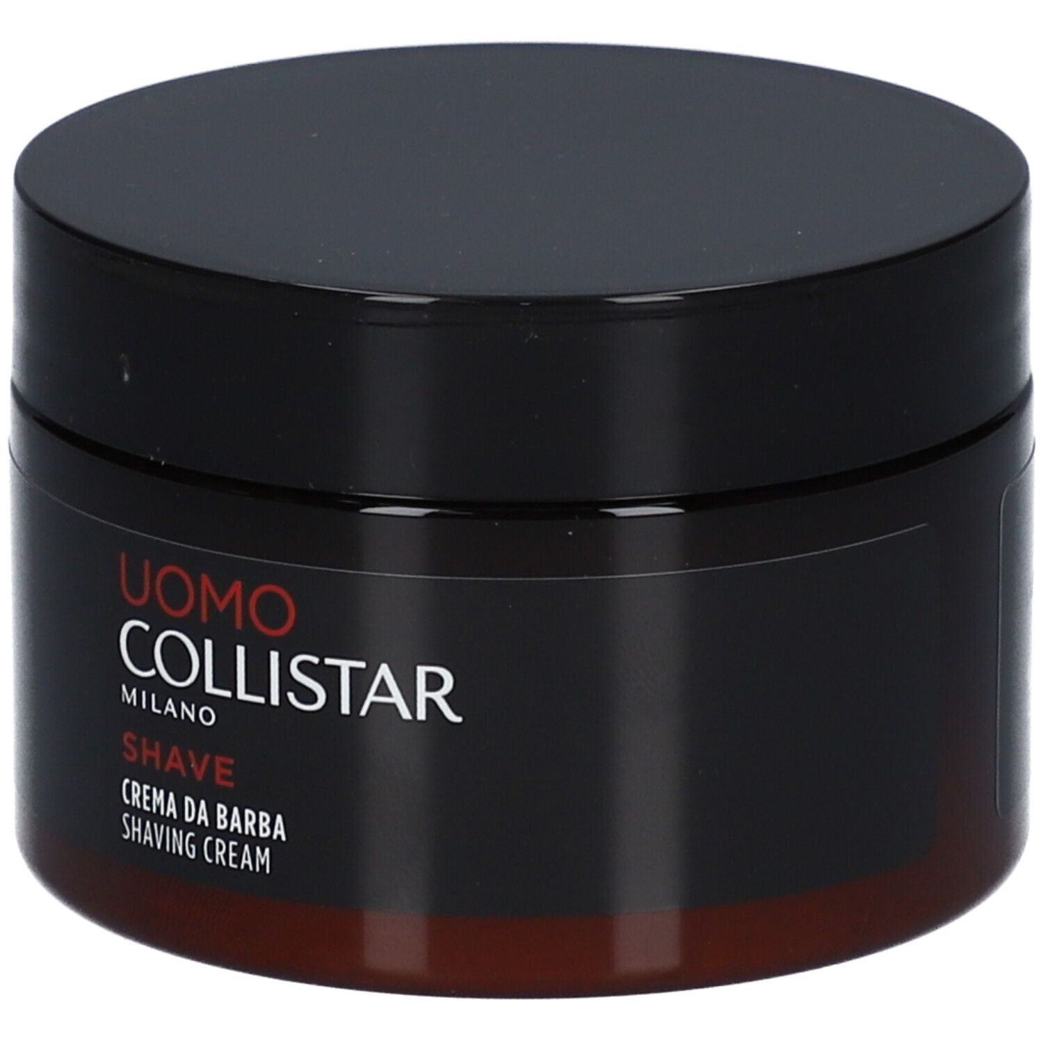 Dunkelbrauner Tiegel mit schwarzem Deckel. Aufschrift: Uomo Collistar Milano, Shave, Crema da Barba, Shaving Cream.