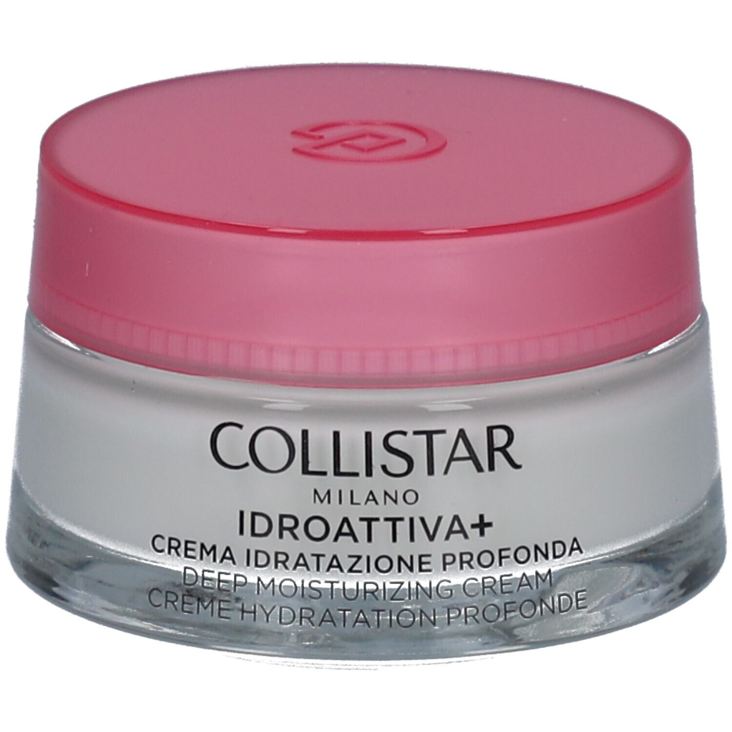 Creme-Glas mit rosa Deckel. Aufschrift: COLLISTAR, IDROATTIVA+, Deep Moisturizing Cream.