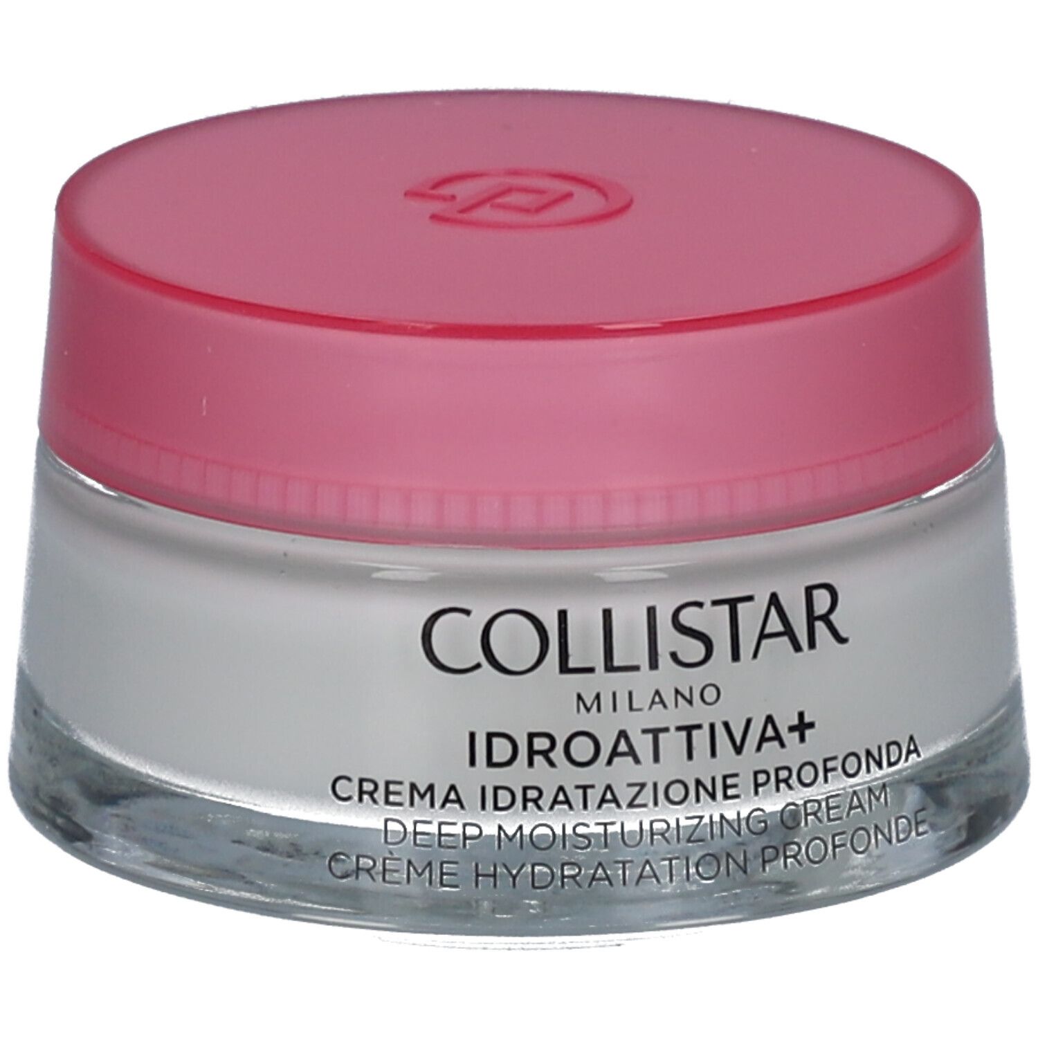 Creme-Glas mit rosa Deckel. Aufschrift: COLLISTAR, IDROATTIVA+, Deep Moisturizing Cream.