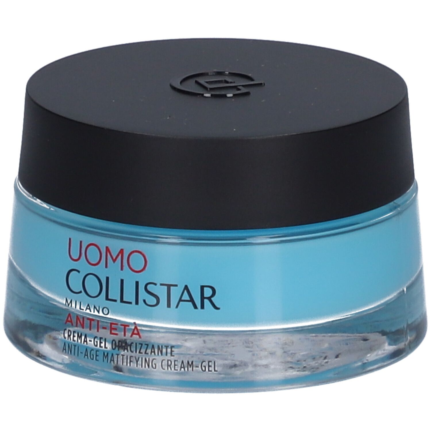 Blaues Creme-Gel in einem Glasbehälter mit schwarzem Deckel. Aufschrift: Uomo Collistar, Anti-Age.