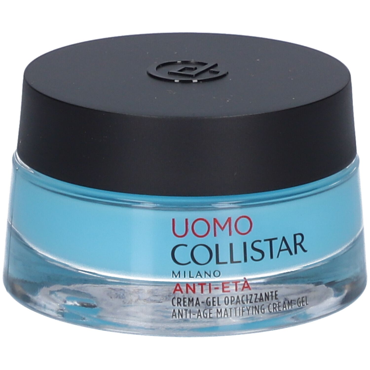 Blaues Creme-Gel in einem Glasbehälter mit schwarzem Deckel. Aufschrift: Uomo Collistar, Anti-Age.