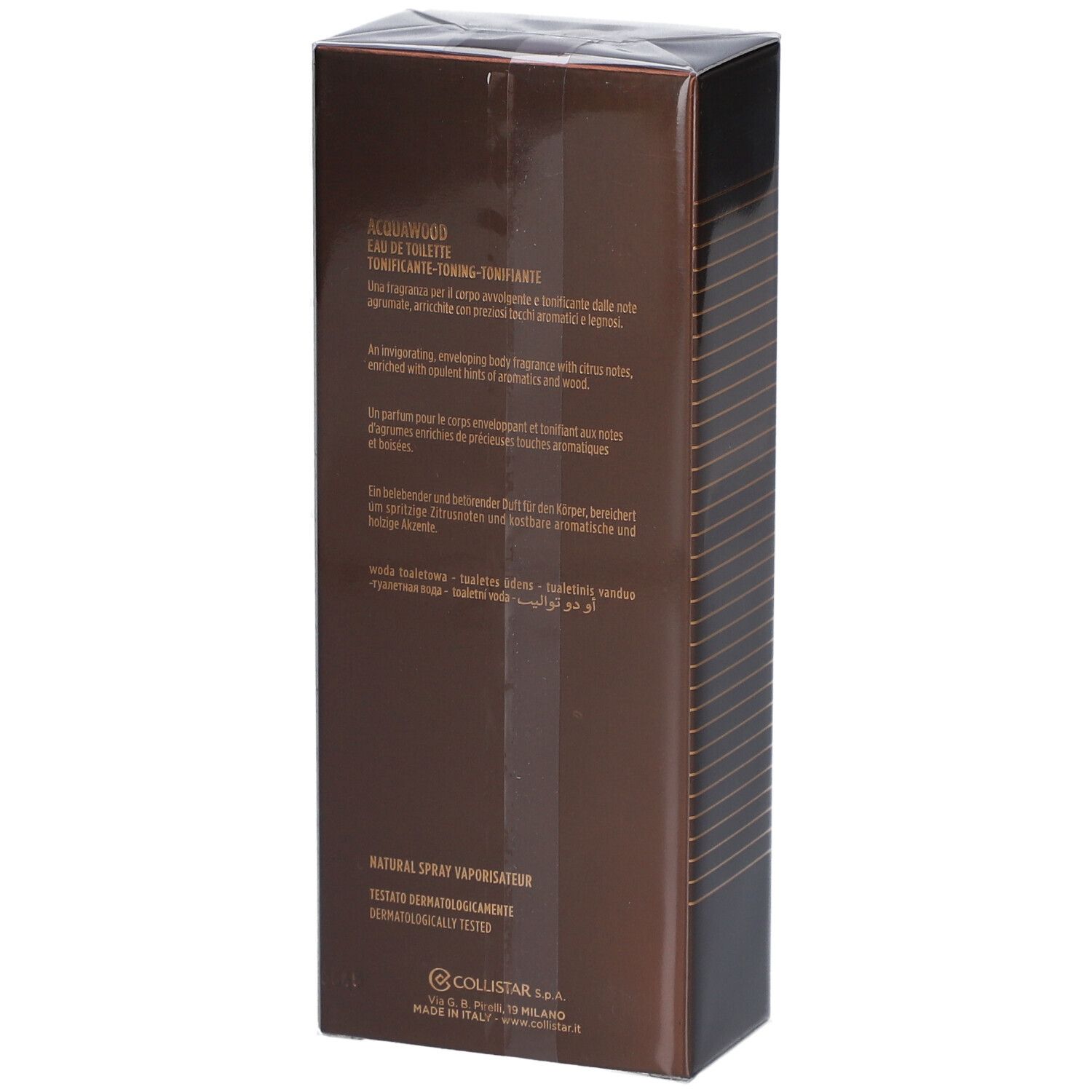 Braune rechteckige Schachtel. Text auf Englisch, Französisch, Italienisch. Acqua Wood, Eau de Toilette.