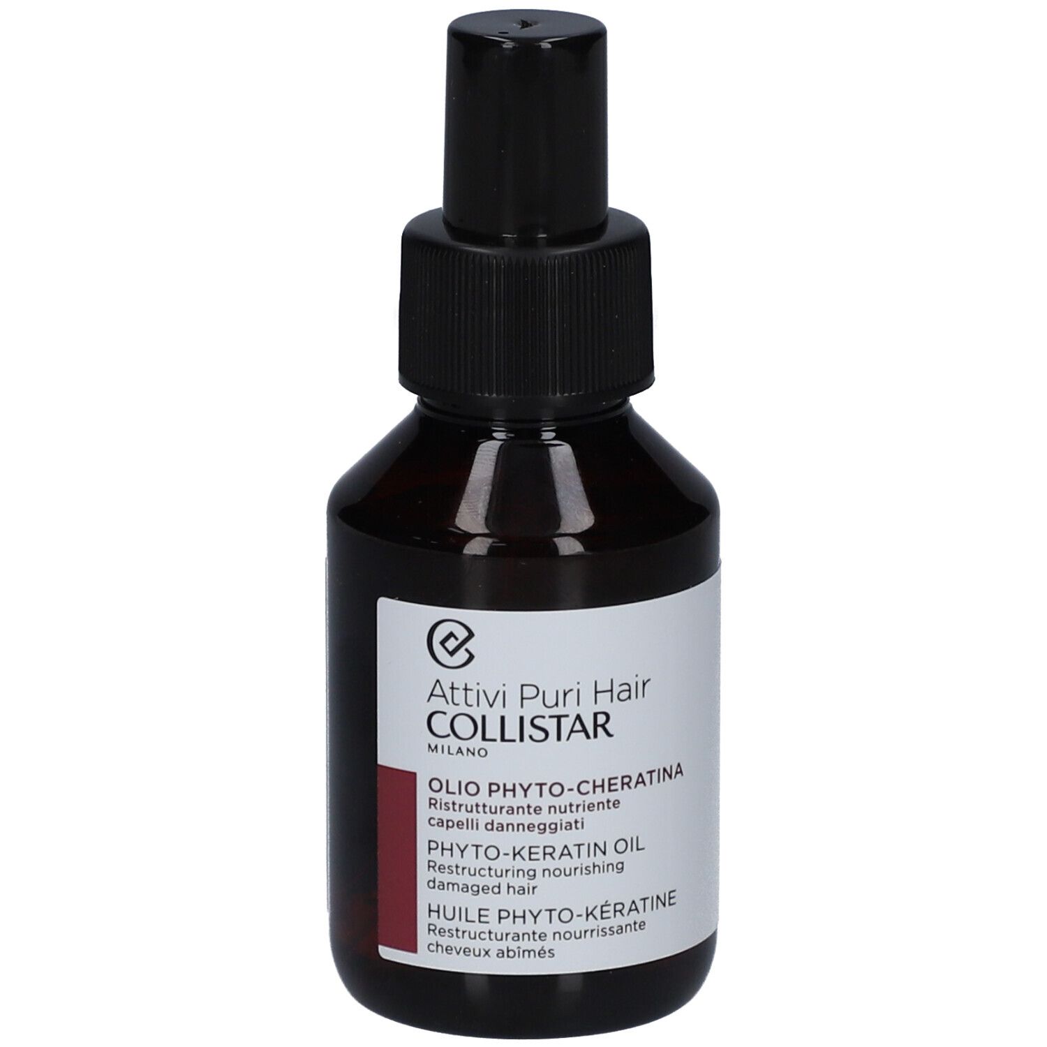 Braune Glasflasche mit schwarzem Sprühkopf. Aufkleber mit Produktbezeichnung und Marke Collistar.