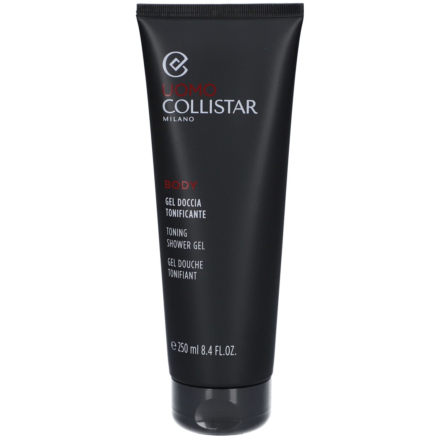 Schwarze Tube mit roter und weißer Schrift. Enthält "COLLISTAR MILANO" und "BODY Gel Doccia Tonificante".