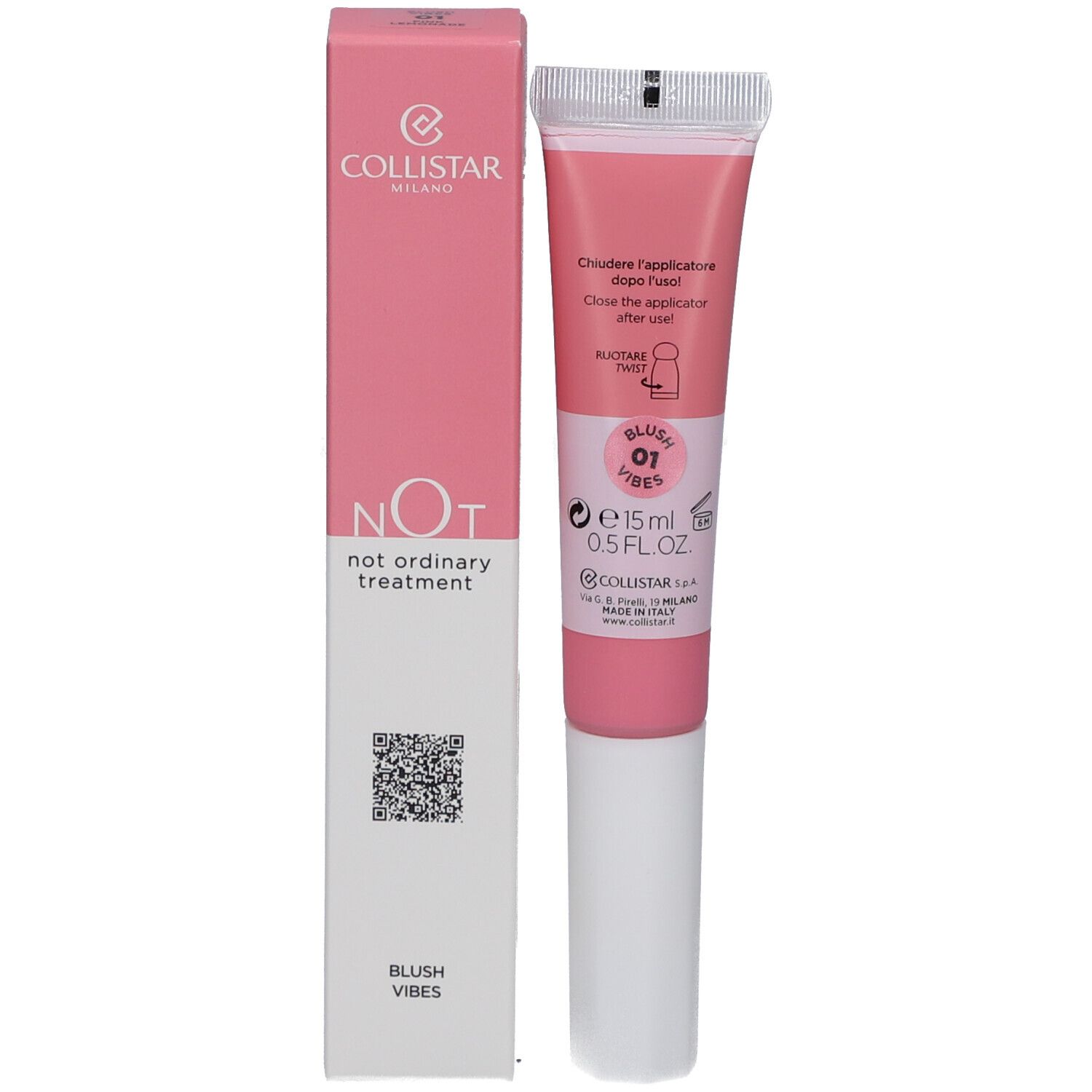 Rosa Verpackung und Tube. Text: Collistar, NOT, Blush Vibes. Tube mit Applikator.