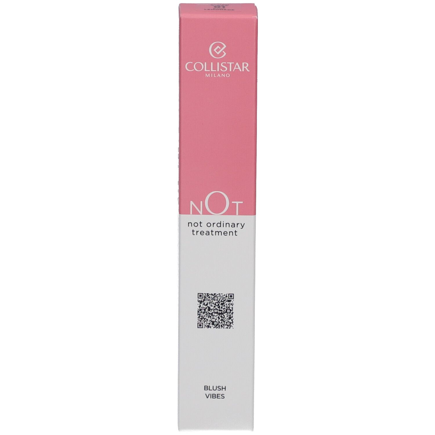 Rosa Verpackung. Text: Collistar, NOT, Blush Vibes. QR-Code.