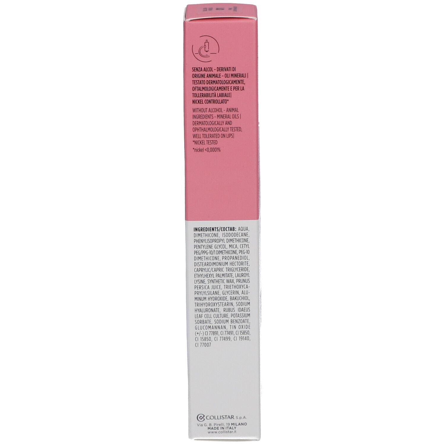 Rosa Verpackung. Text: Inhaltsstoffe, Collistar.