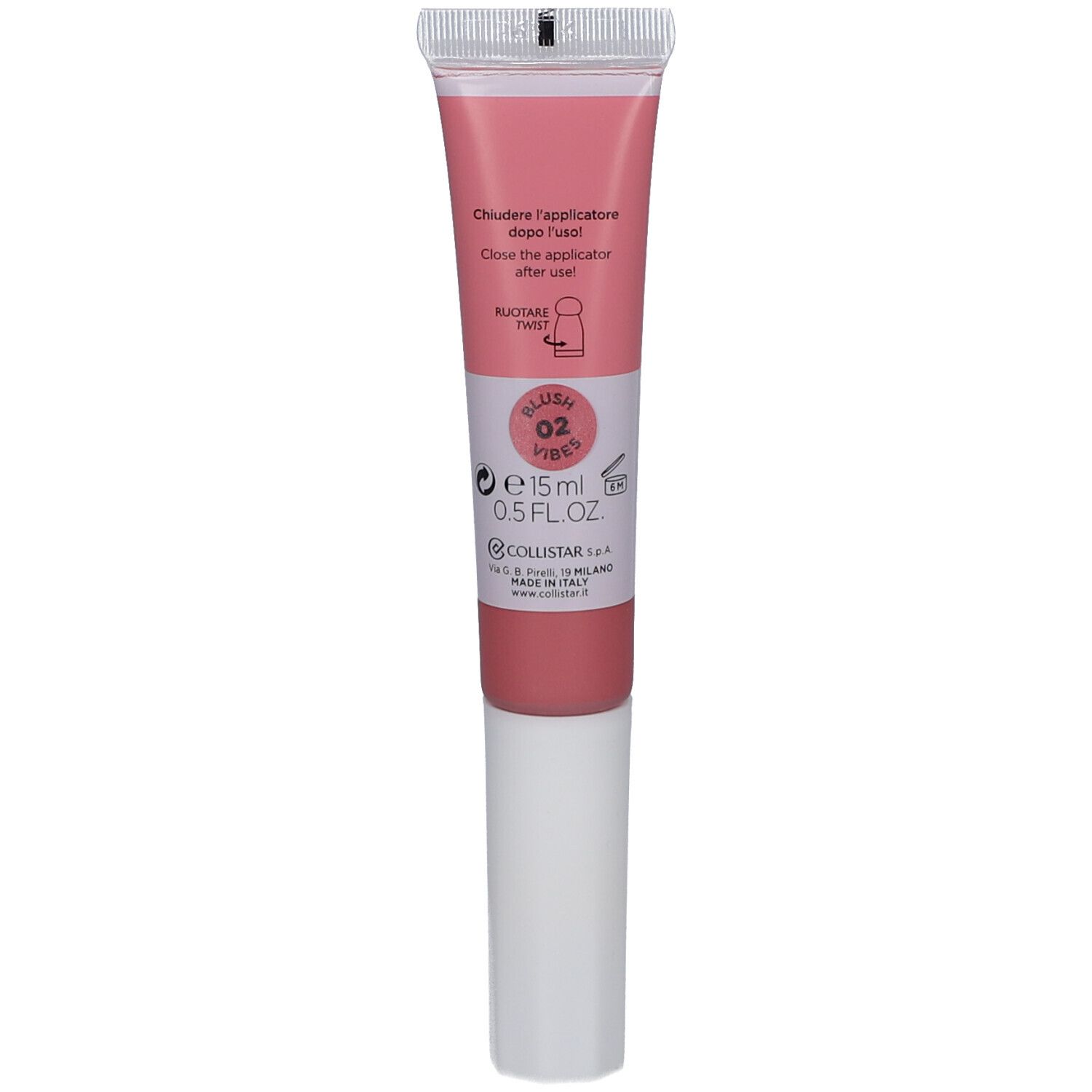 Rosa Tube mit Applikator. Enthält 15 ml. Aufschrift: Blush Vibes 02. Marke: Collistar.